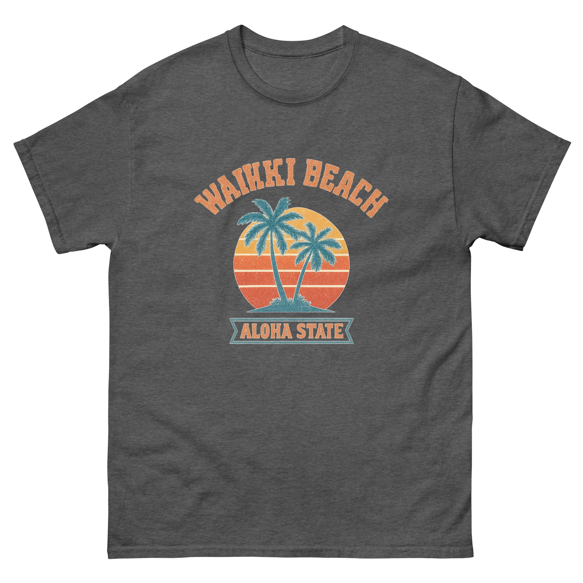 Waikiki Sunset Hawaiian t-shirt design on a Dark Heather unisex tee