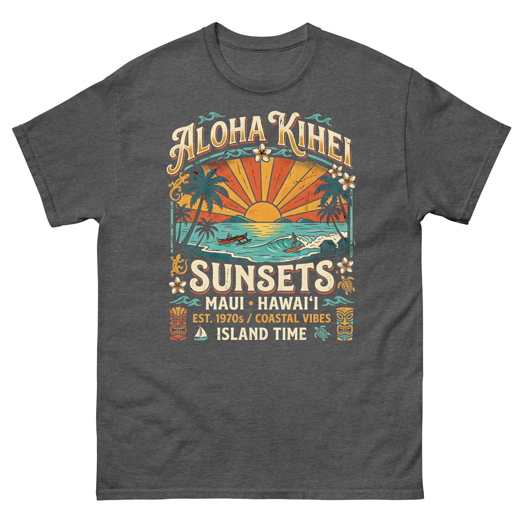 Aloha Kihei Sunsets Hawaiian t-shirt design on a Dark Heather unisex tee