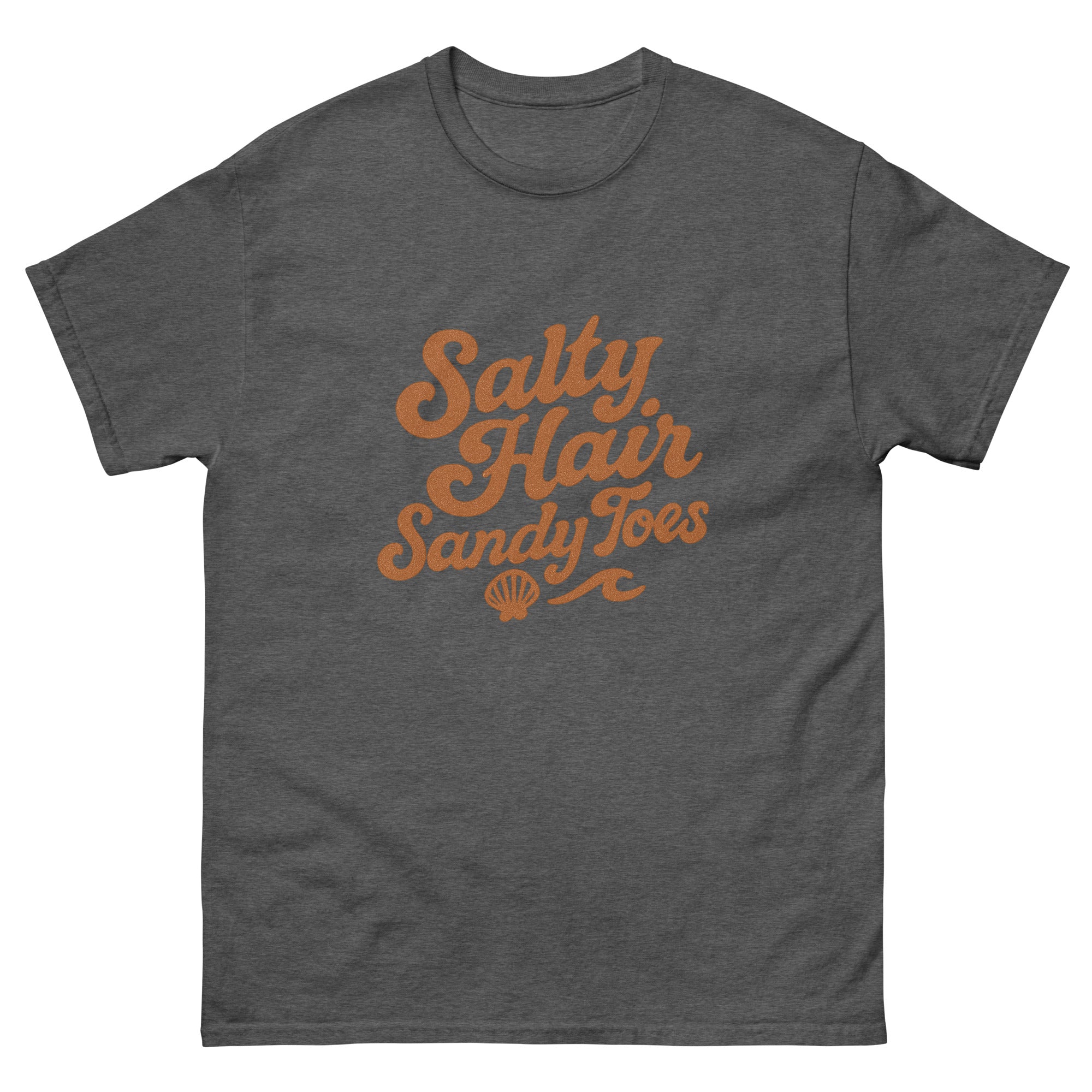 Salty Hair Sandy Toes Hawaiian t-shirt design on a Dark Heather unisex tee