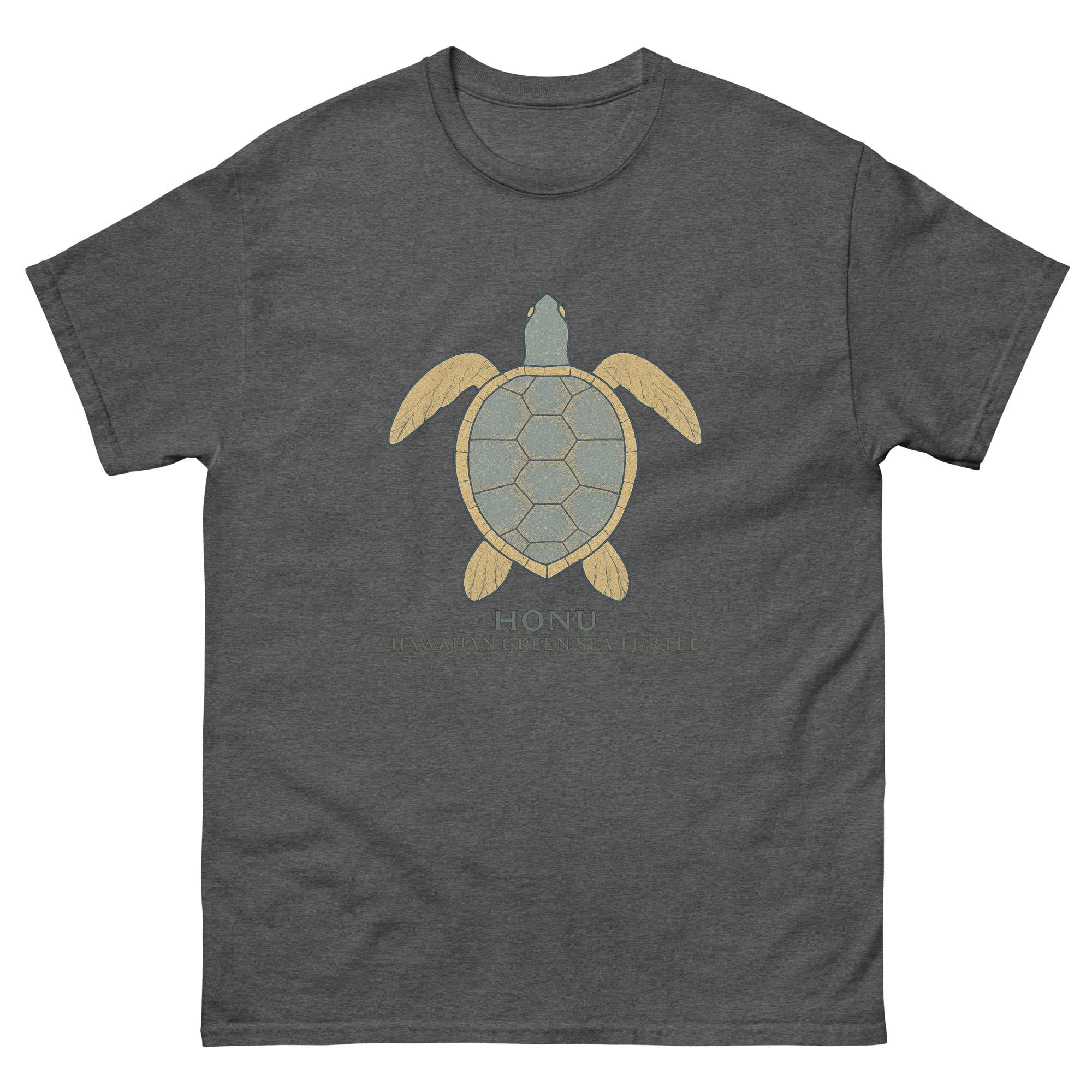 Honu Hawaiian t-shirt design on a Dark Heather unisex tee