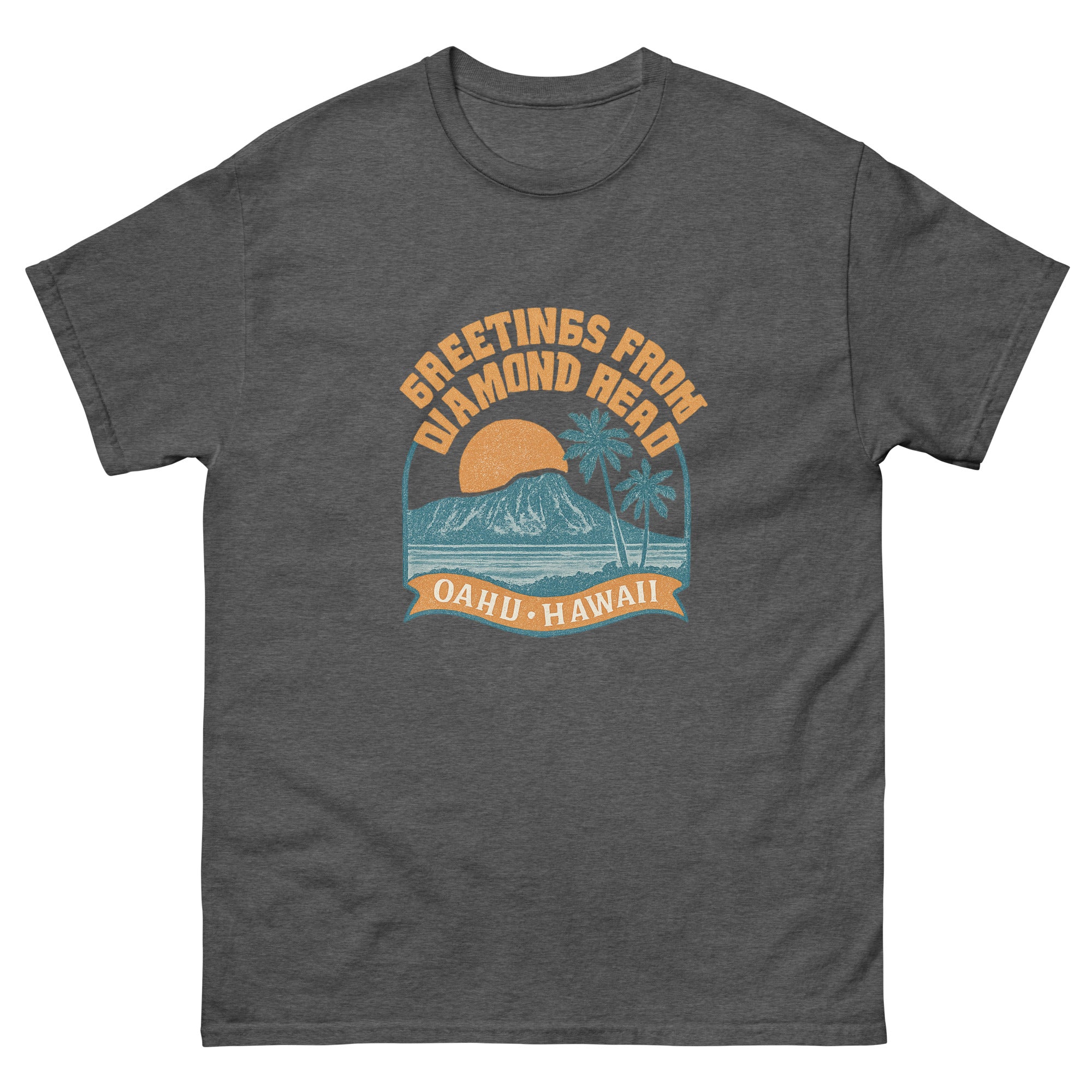 Diamond Head Hawaiian t-shirt design on a Dark Heather unisex tee