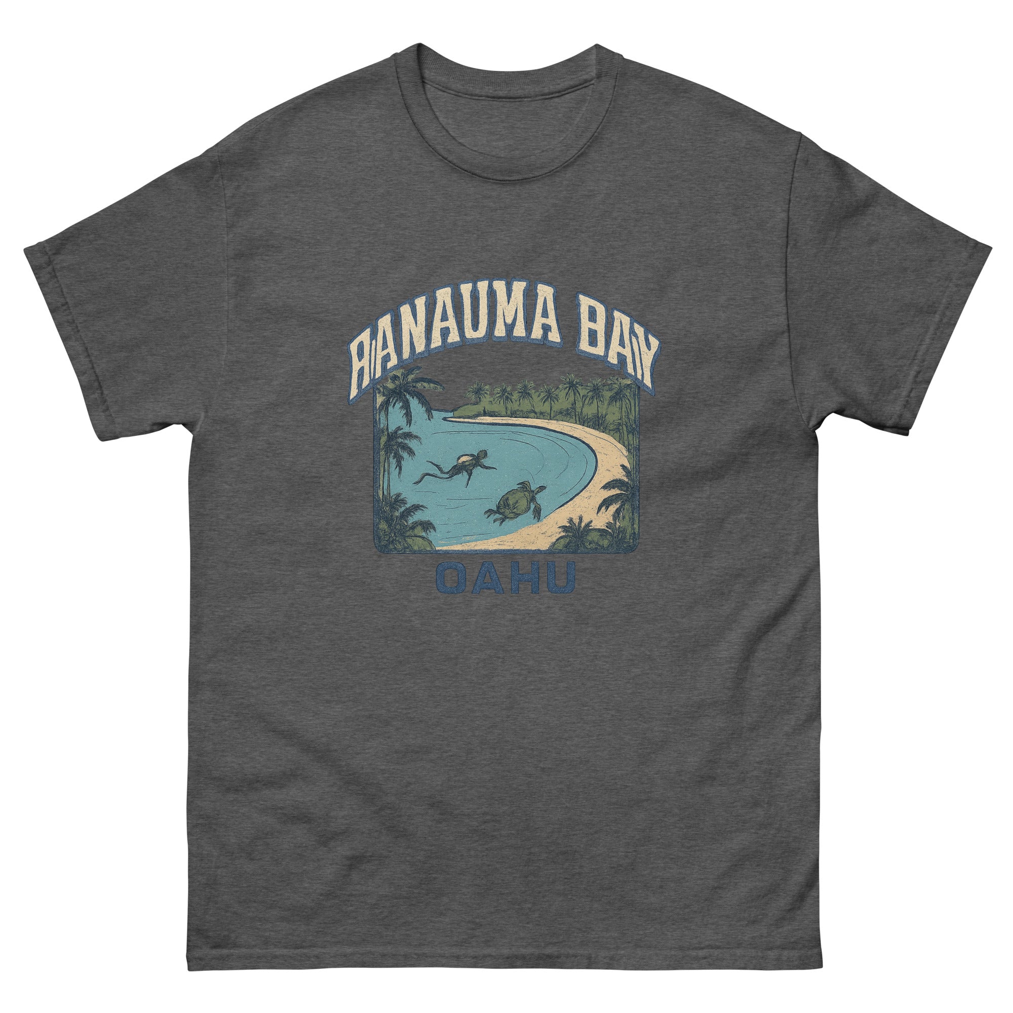 Hanauma Bay Hawaiian t-shirt design on a Dark Heather unisex tee