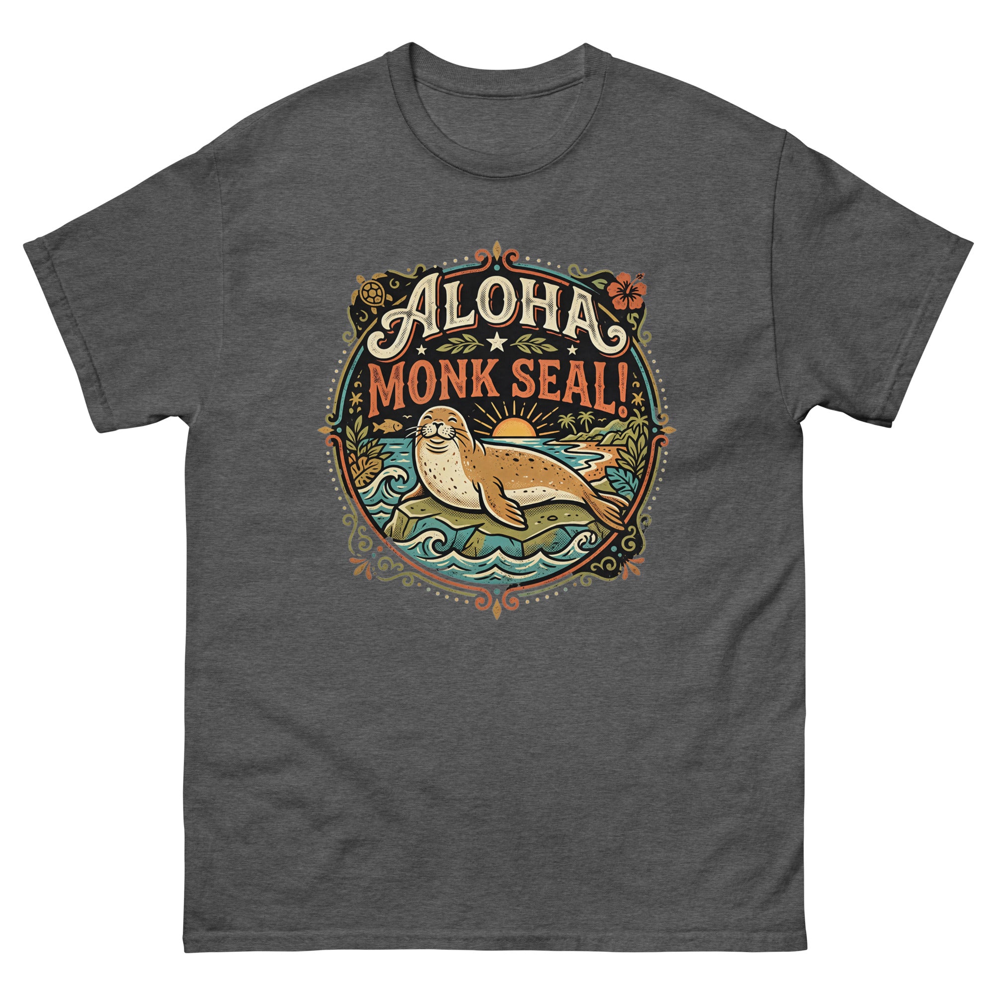 Aloha Monk Seal Hawaiian t-shirt design on a Dark Heather unisex tee