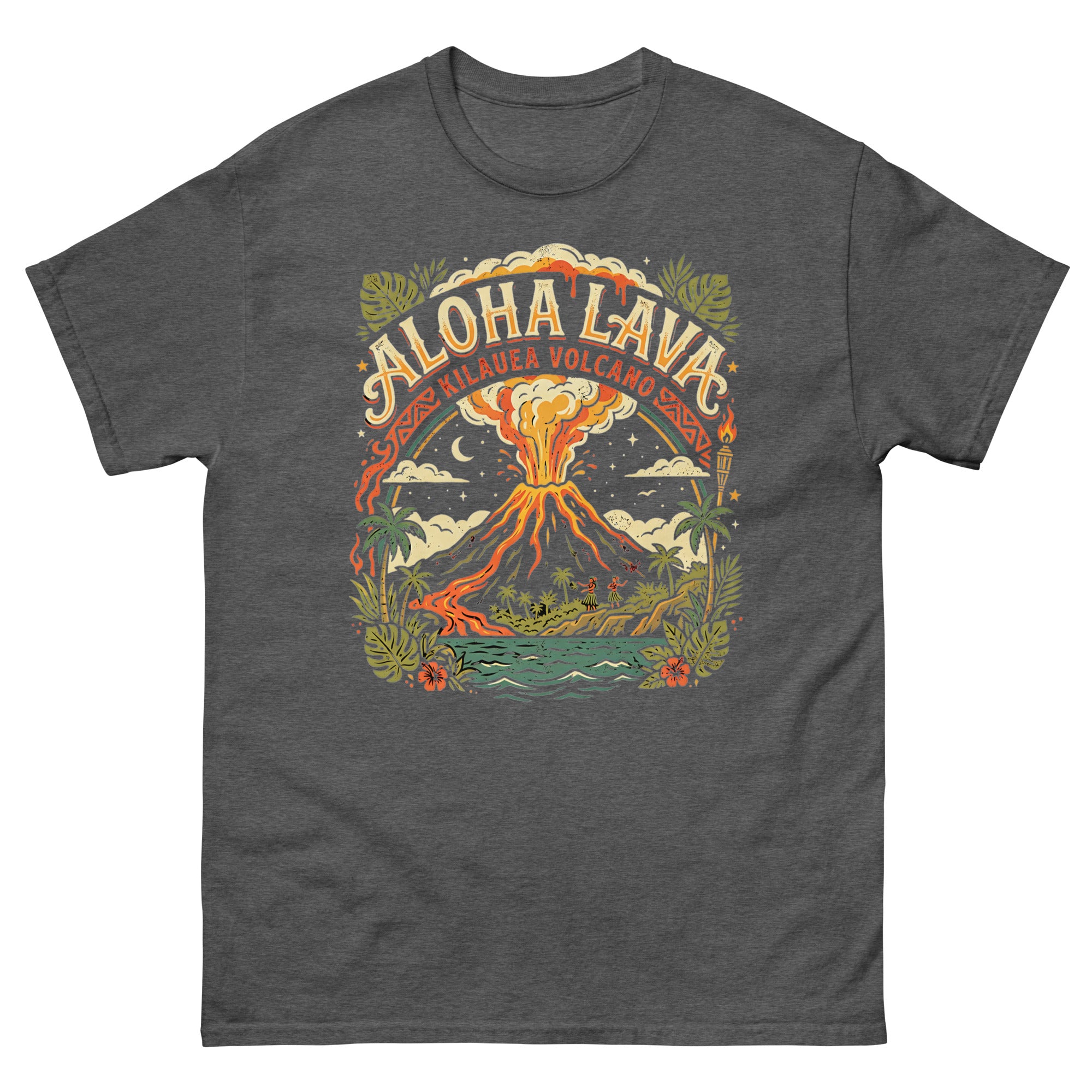 Aloha Kilauea Hawaiian t-shirt design on a Dark Heather unisex tee