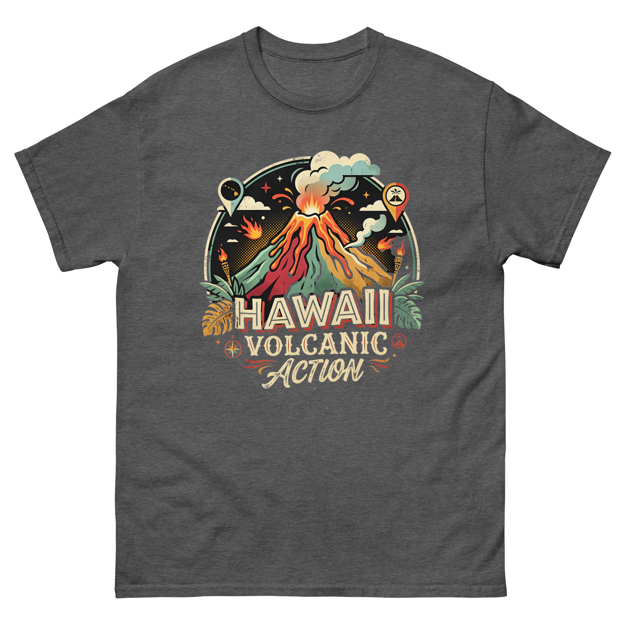 Hawaii Volcanic Action v1 Hawaiian t-shirt design on a Dark Heather unisex tee