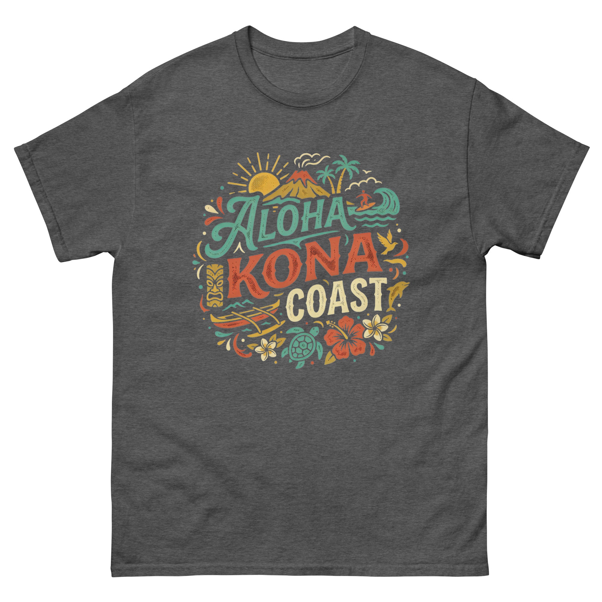 Aloha Kona Coast Hawaiian t-shirt design on a Dark Heather unisex tee