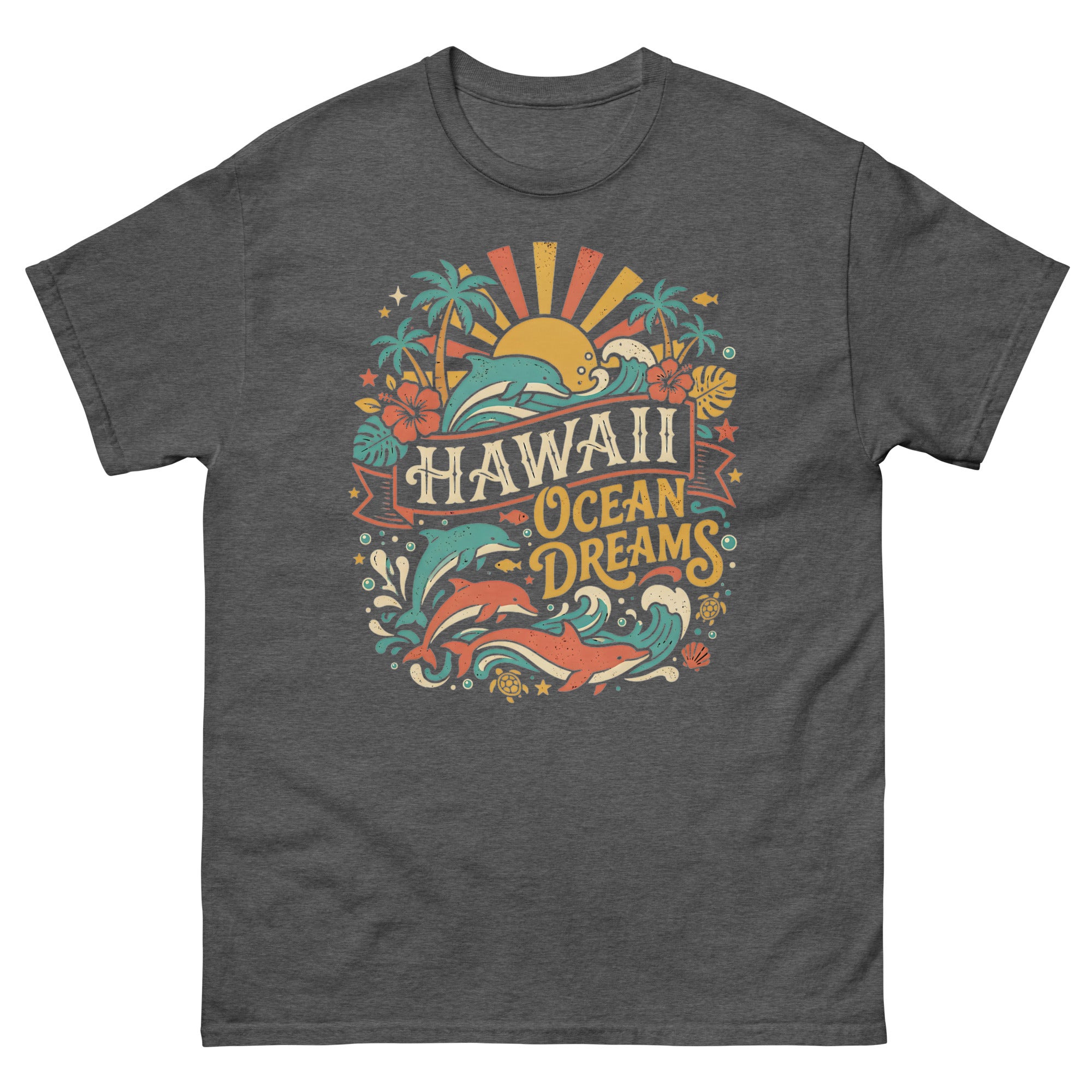 Aloha State Dolphins v3 Hawaiian t-shirt design on a Dark Heather unisex tee