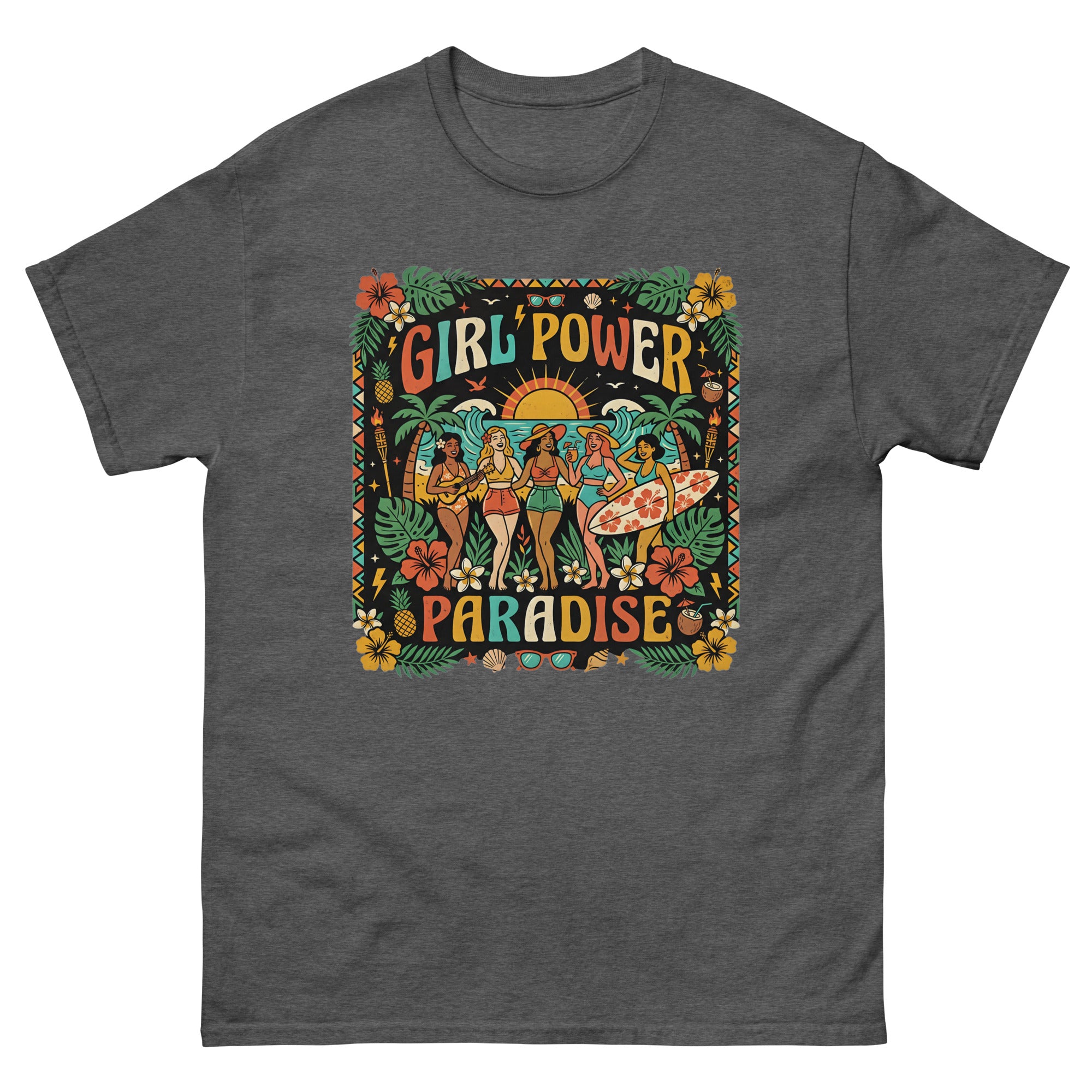 Aloha Sisters Hawaiian t-shirt design on a Dark Heather unisex tee
