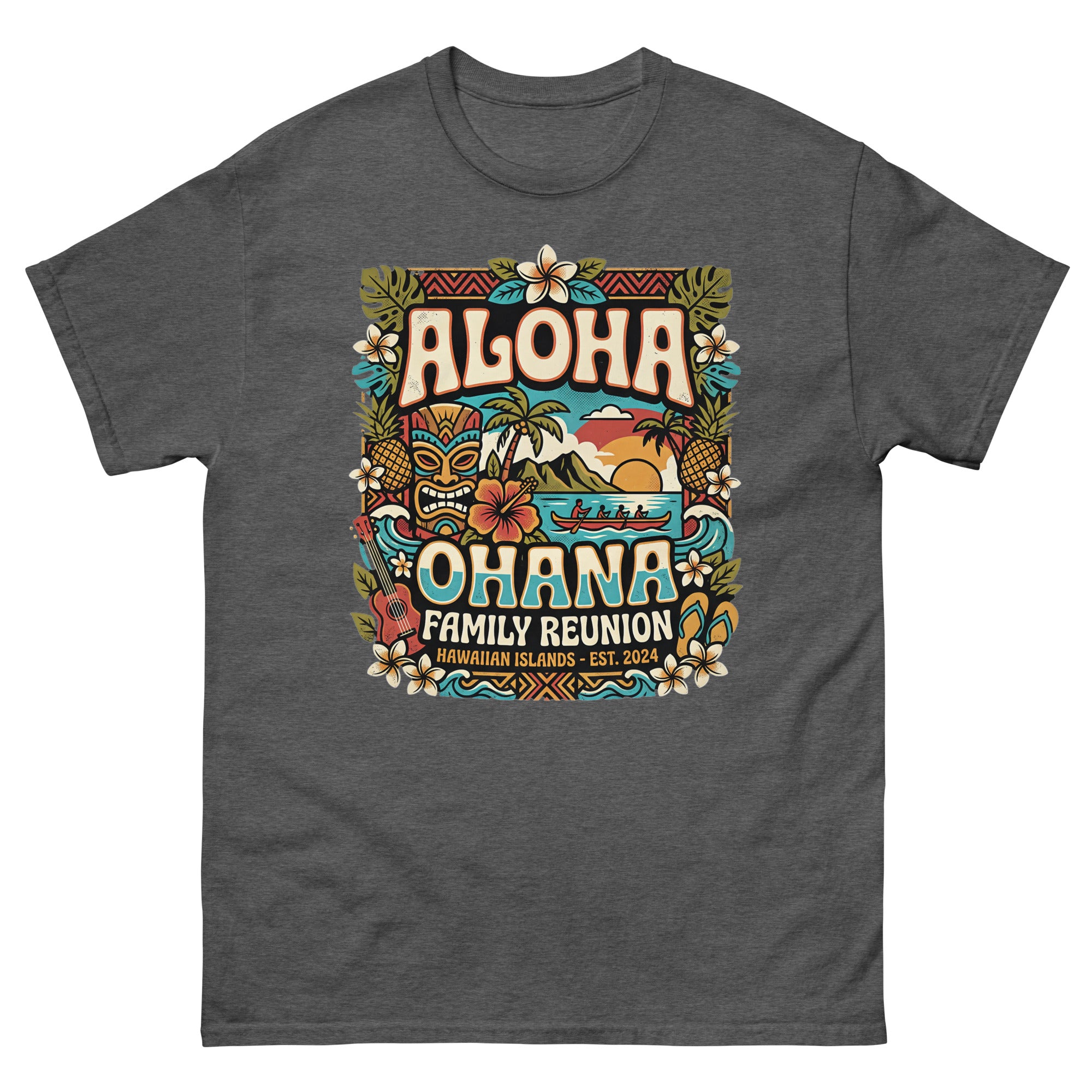 Ohana Family Reunion Gathering v4 Hawaiian t-shirt design on a Dark Heather unisex tee