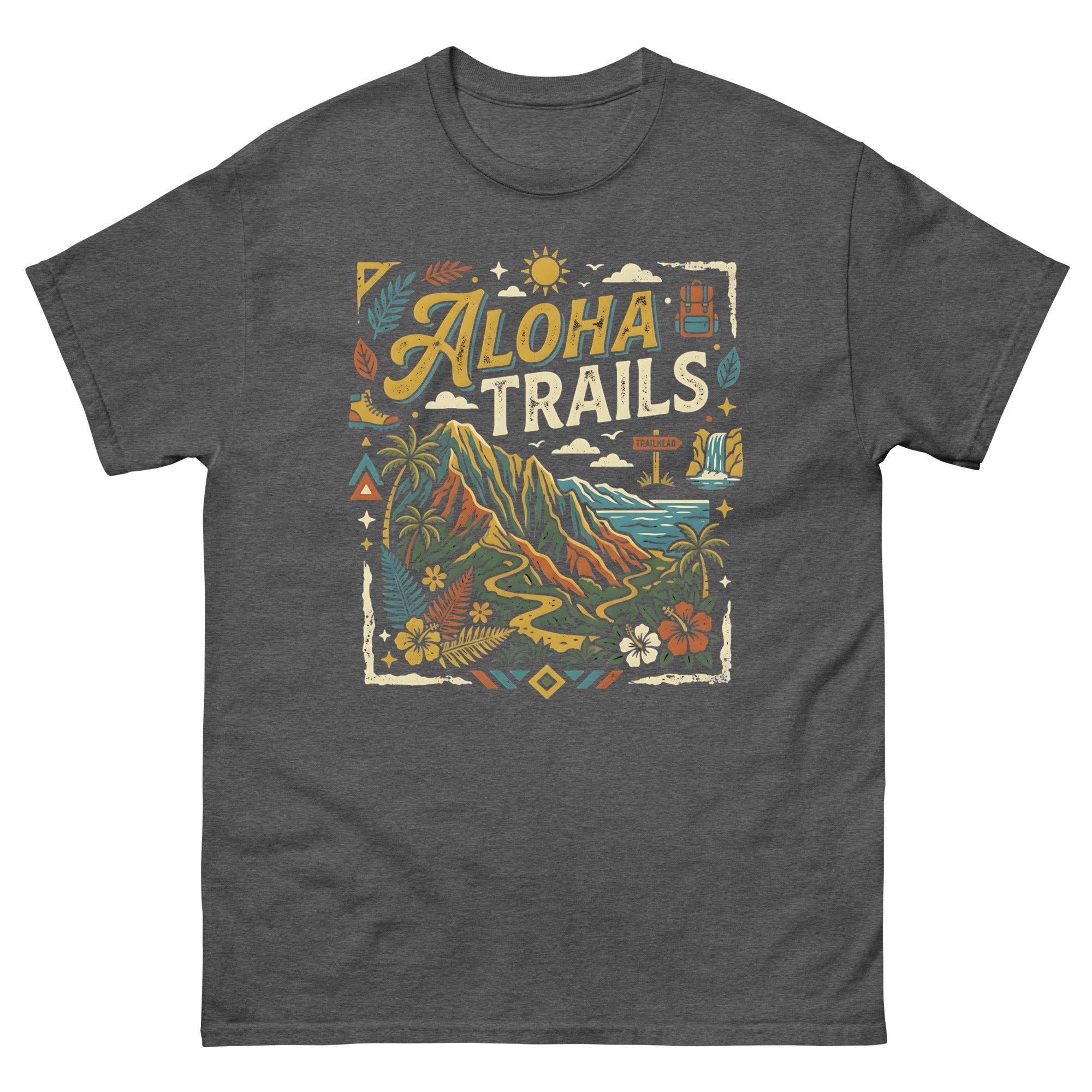 Aloha Trails v1 Hawaiian t-shirt design on a Dark Heather unisex tee