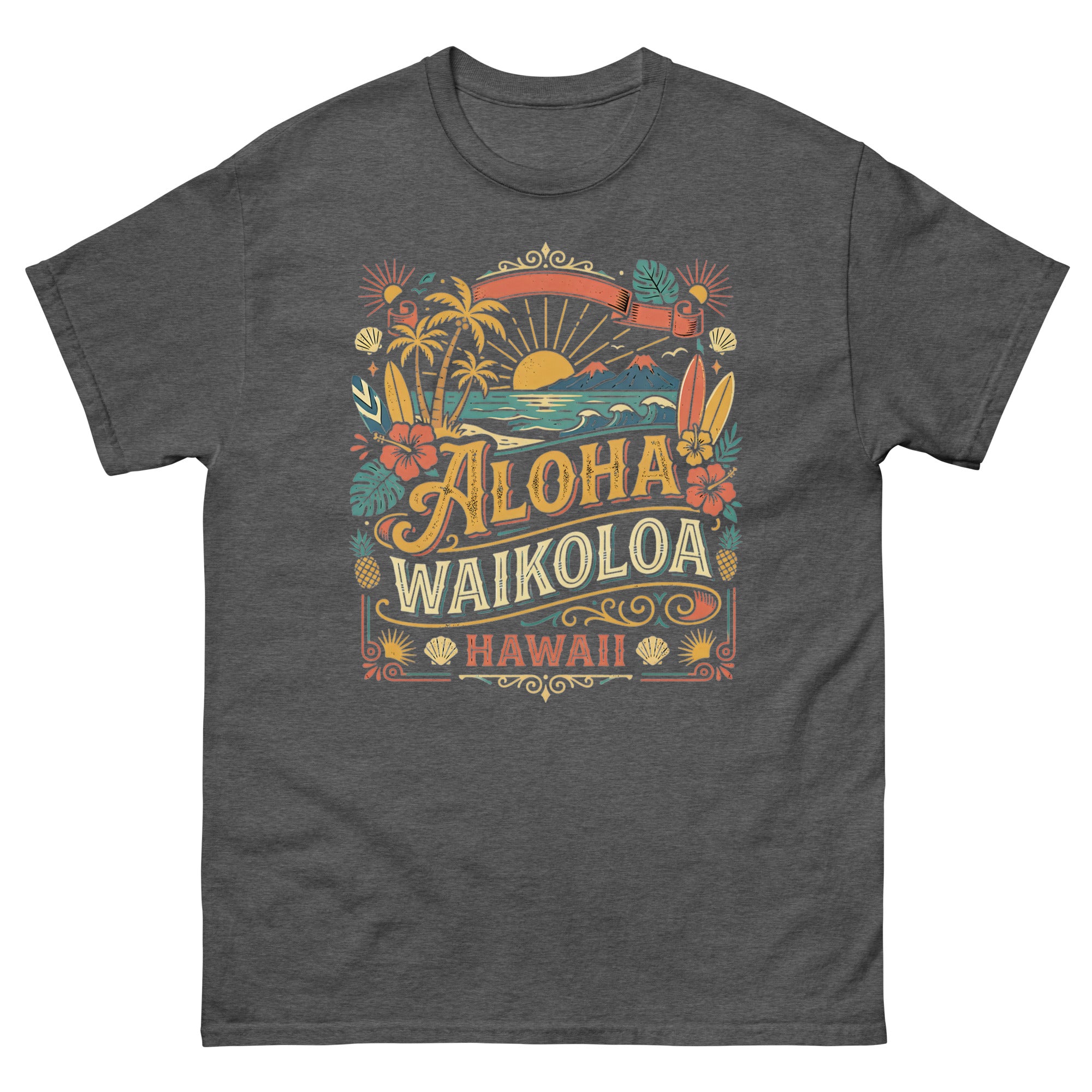 Aloha Waikoloa Hawaii Hawaiian t-shirt design on a Dark Heather unisex tee