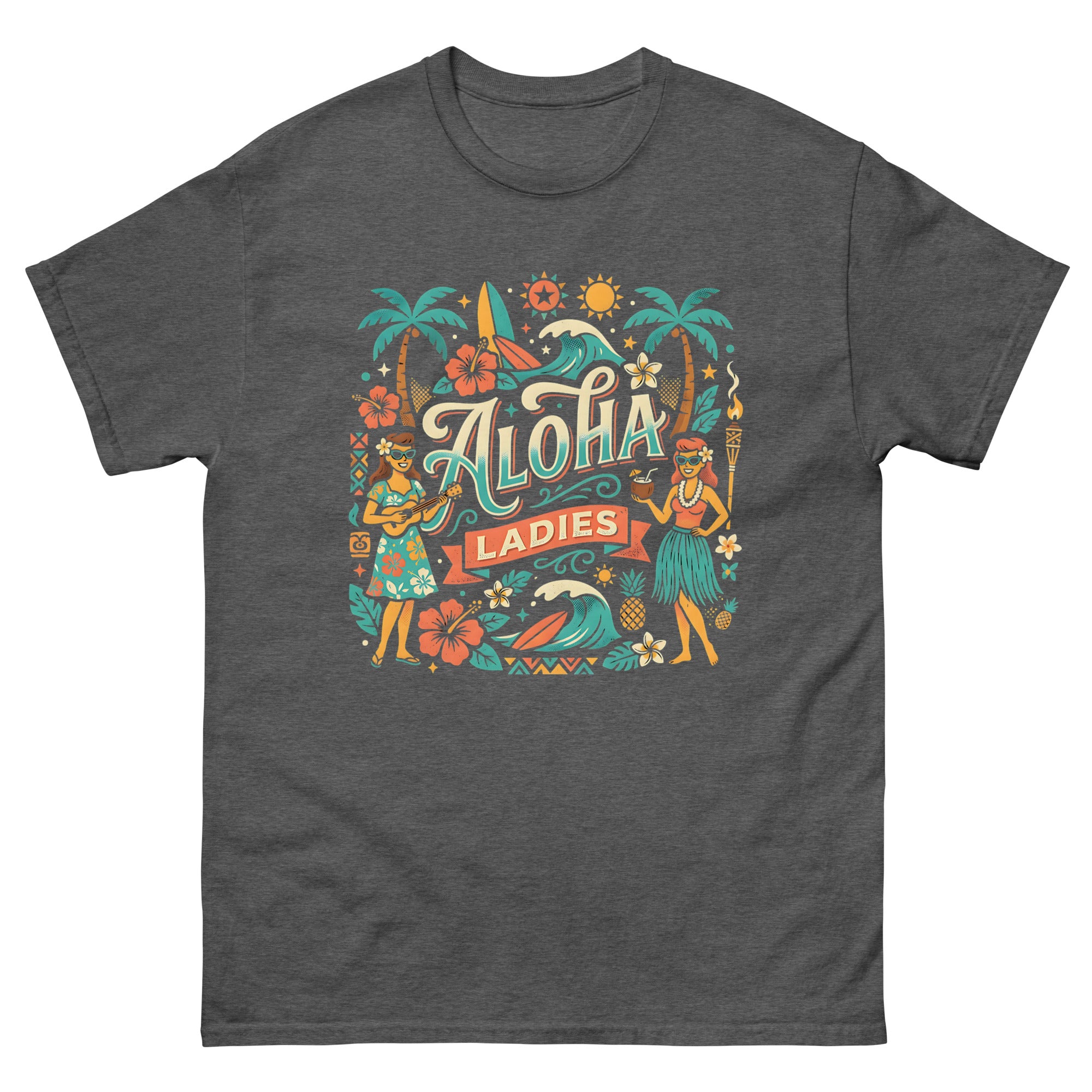 Aloha Sisters v3 Hawaiian t-shirt design on a Dark Heather unisex tee