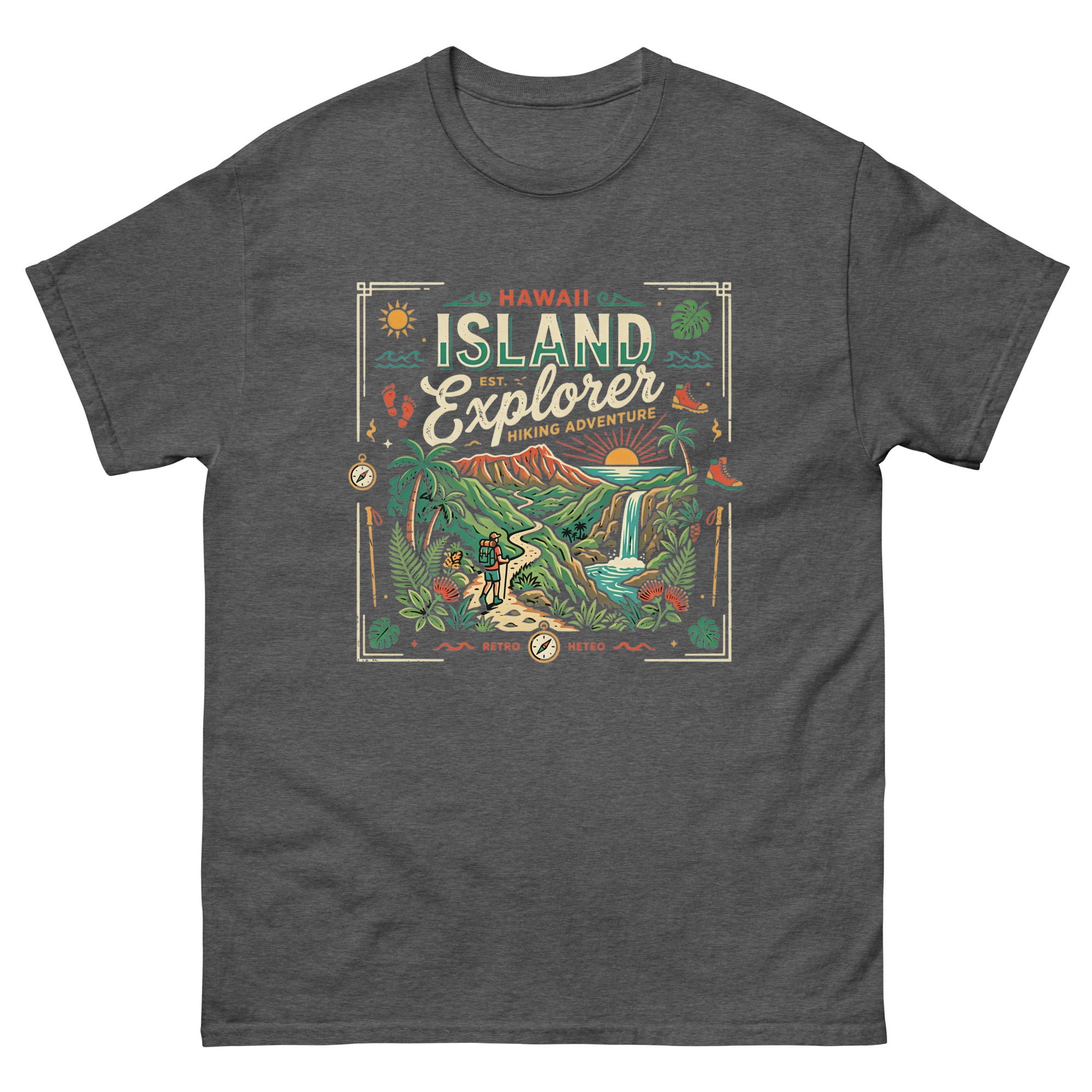 Aloha Trails v4 Hawaiian t-shirt design on a Dark Heather unisex tee