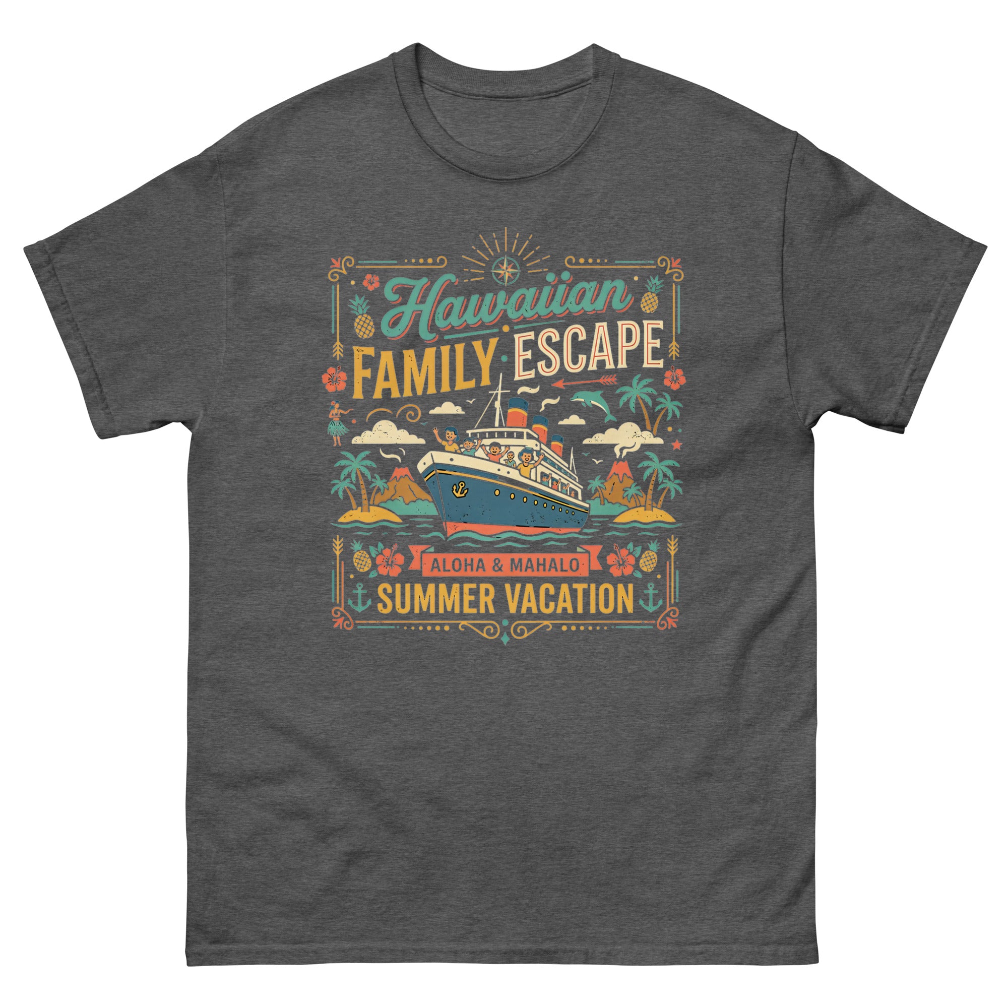 Hawaii Ohana Sea Adventure v4 Hawaiian t-shirt design on a Dark Heather unisex tee