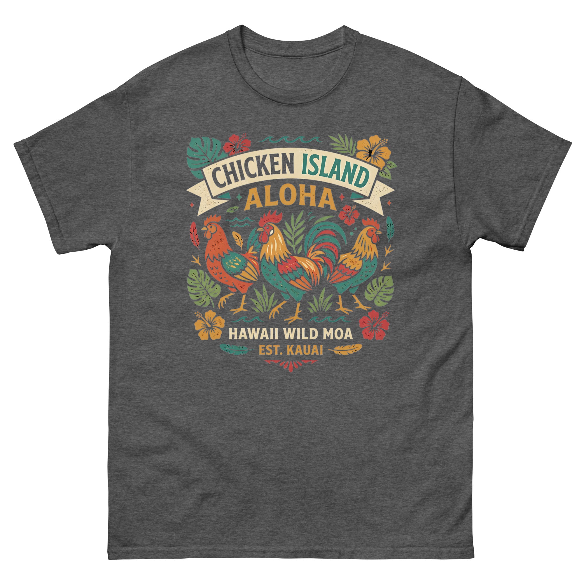 Chicken Island Aloha Kauai v1 Hawaiian t-shirt design on a Dark Heather unisex tee