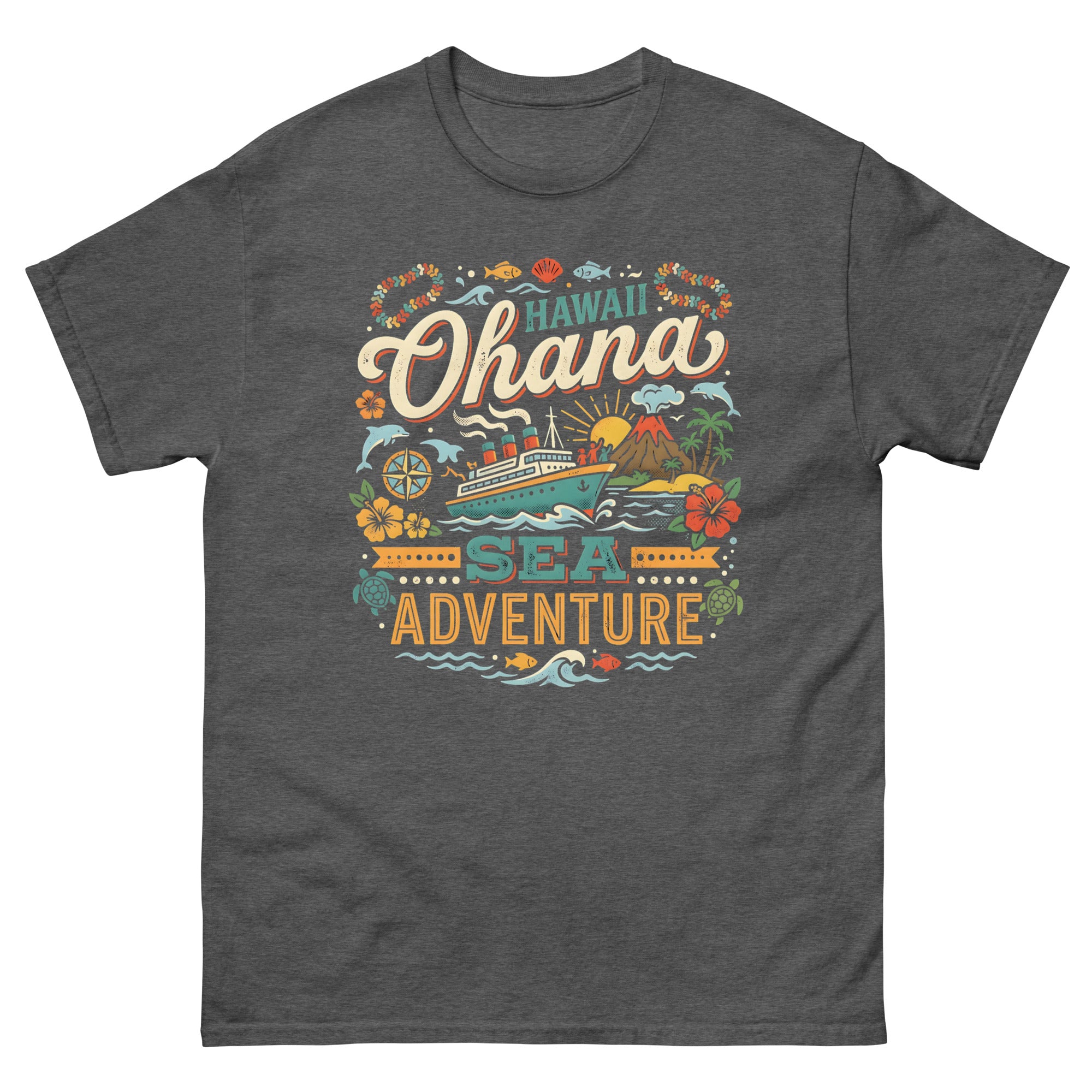 Hawaii Ohana Sea Adventure v1 Hawaiian t-shirt design on a Dark Heather unisex tee