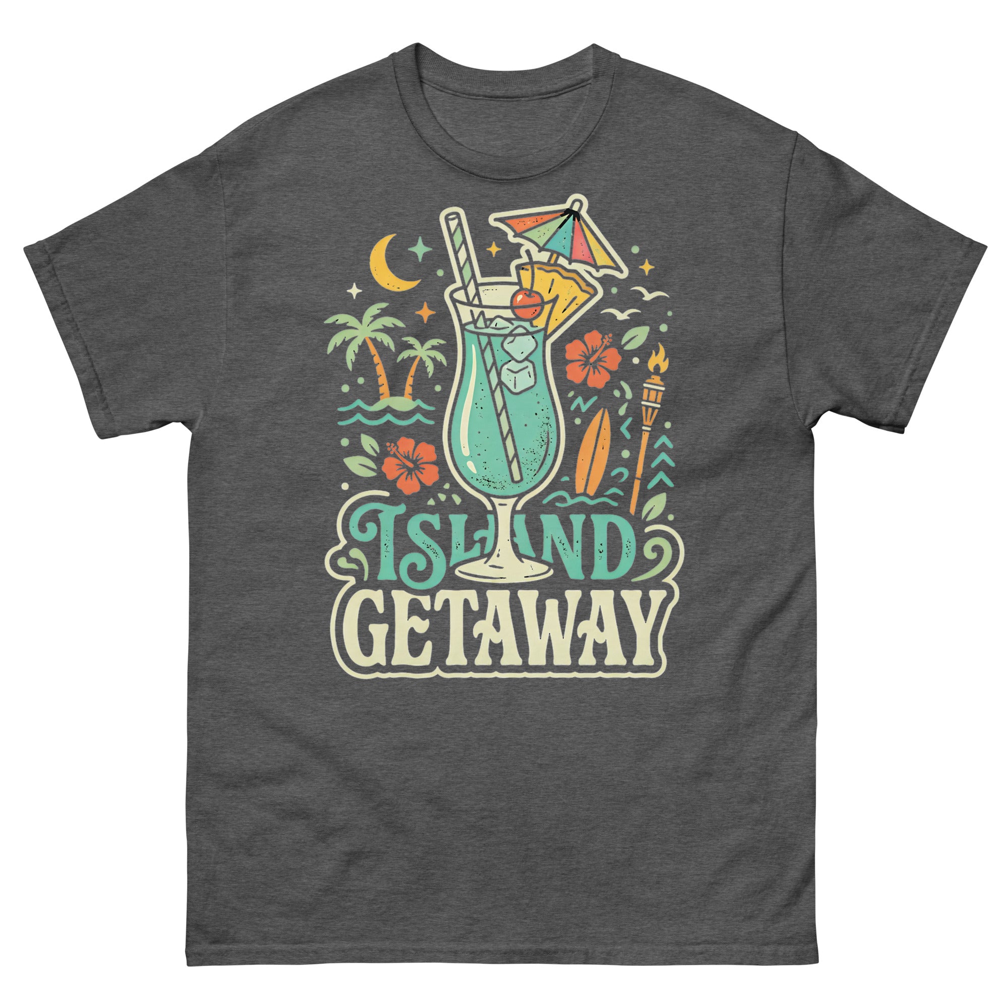 Blue Hawaii Island Paradise v2 Hawaiian t-shirt design on a Dark Heather unisex tee