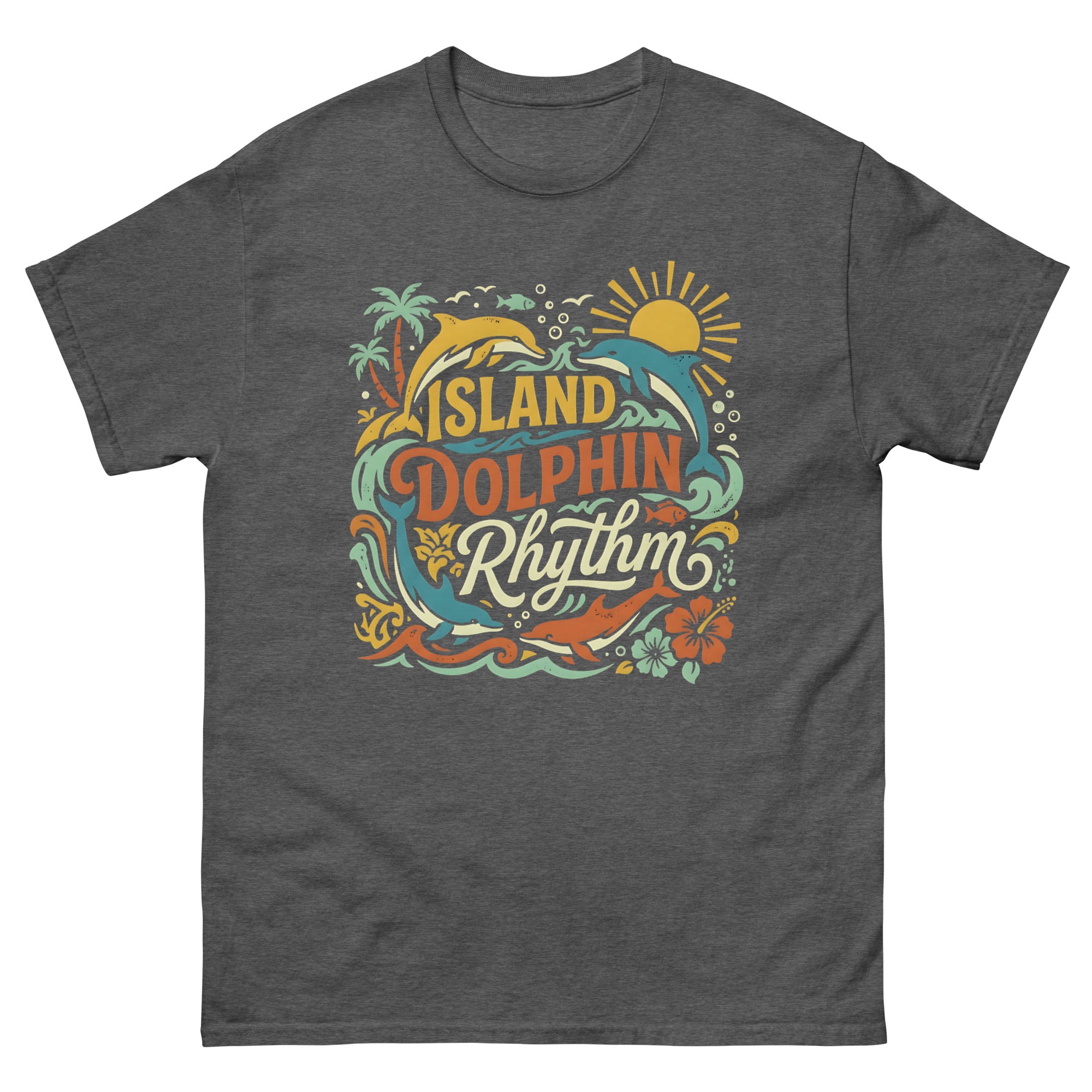 Aloha State Dolphins v2 Hawaiian t-shirt design on a Dark Heather unisex tee