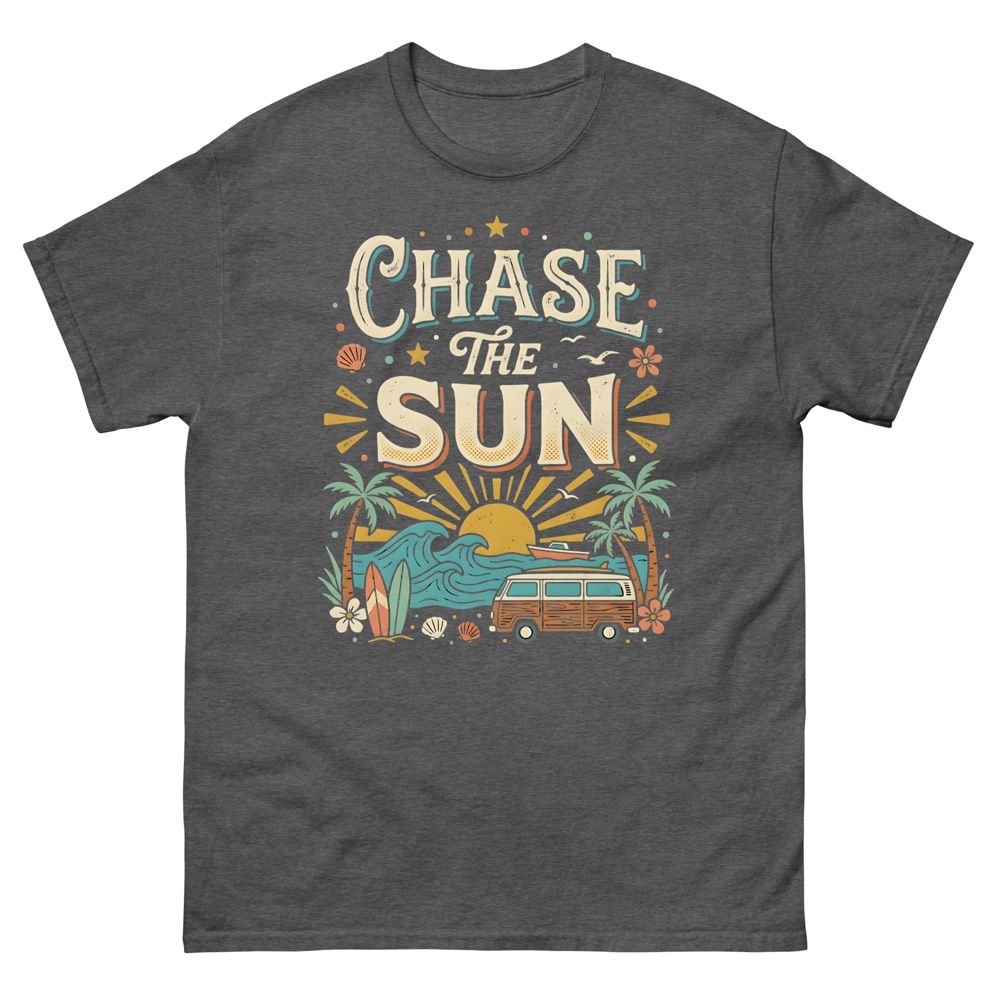Chasing the Sun v4 Hawaiian t-shirt design on a Dark Heather unisex tee
