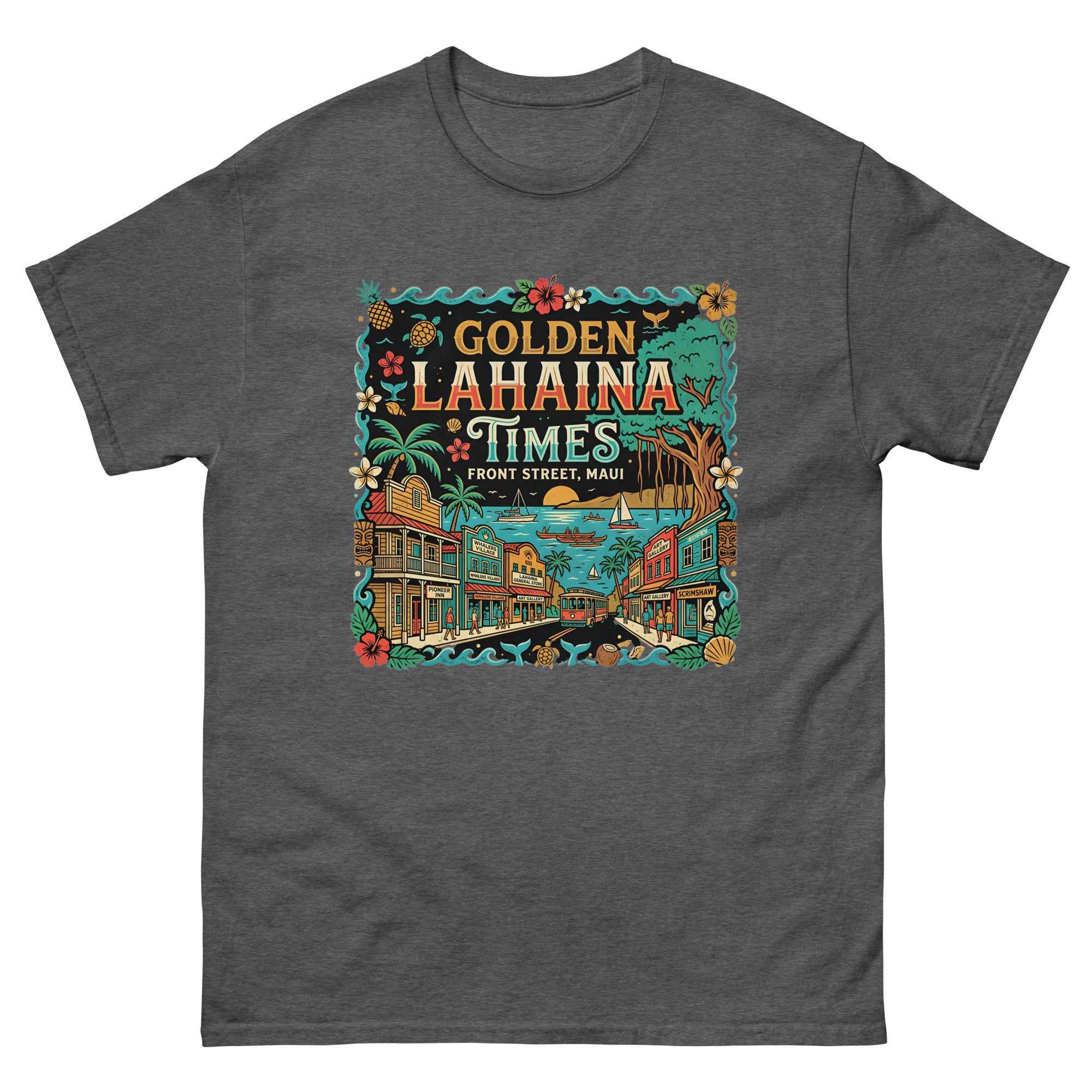 Golden Lahaina Times Front Street Hawaiian t-shirt design on a Dark Heather unisex tee
