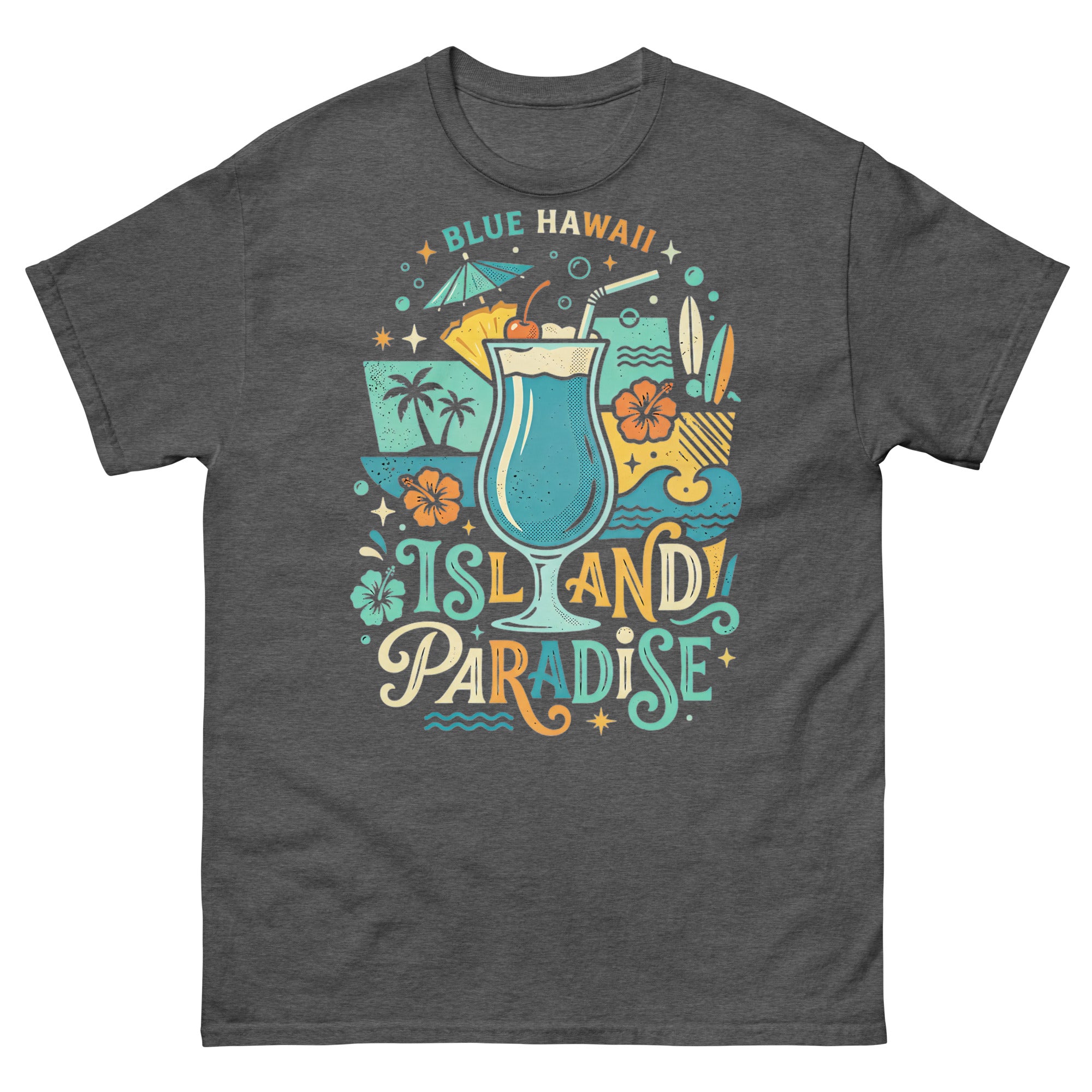 Blue Hawaii Island Paradise v1 Hawaiian t-shirt design on a Dark Heather unisex tee