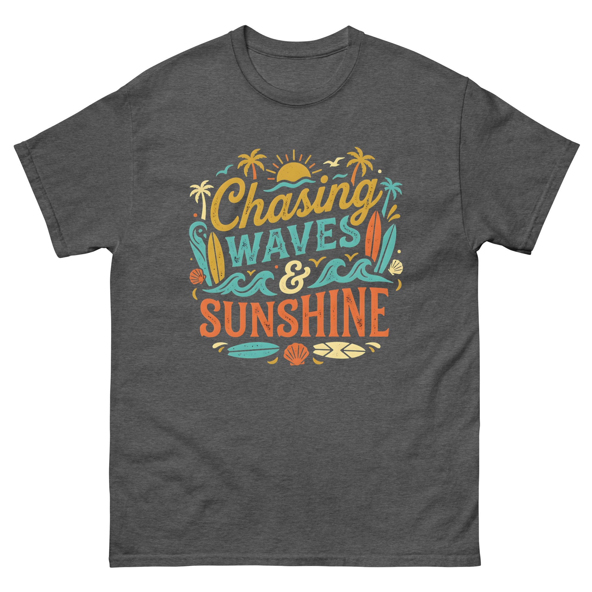 Chasing the Sun v3 Hawaiian t-shirt design on a Dark Heather unisex tee