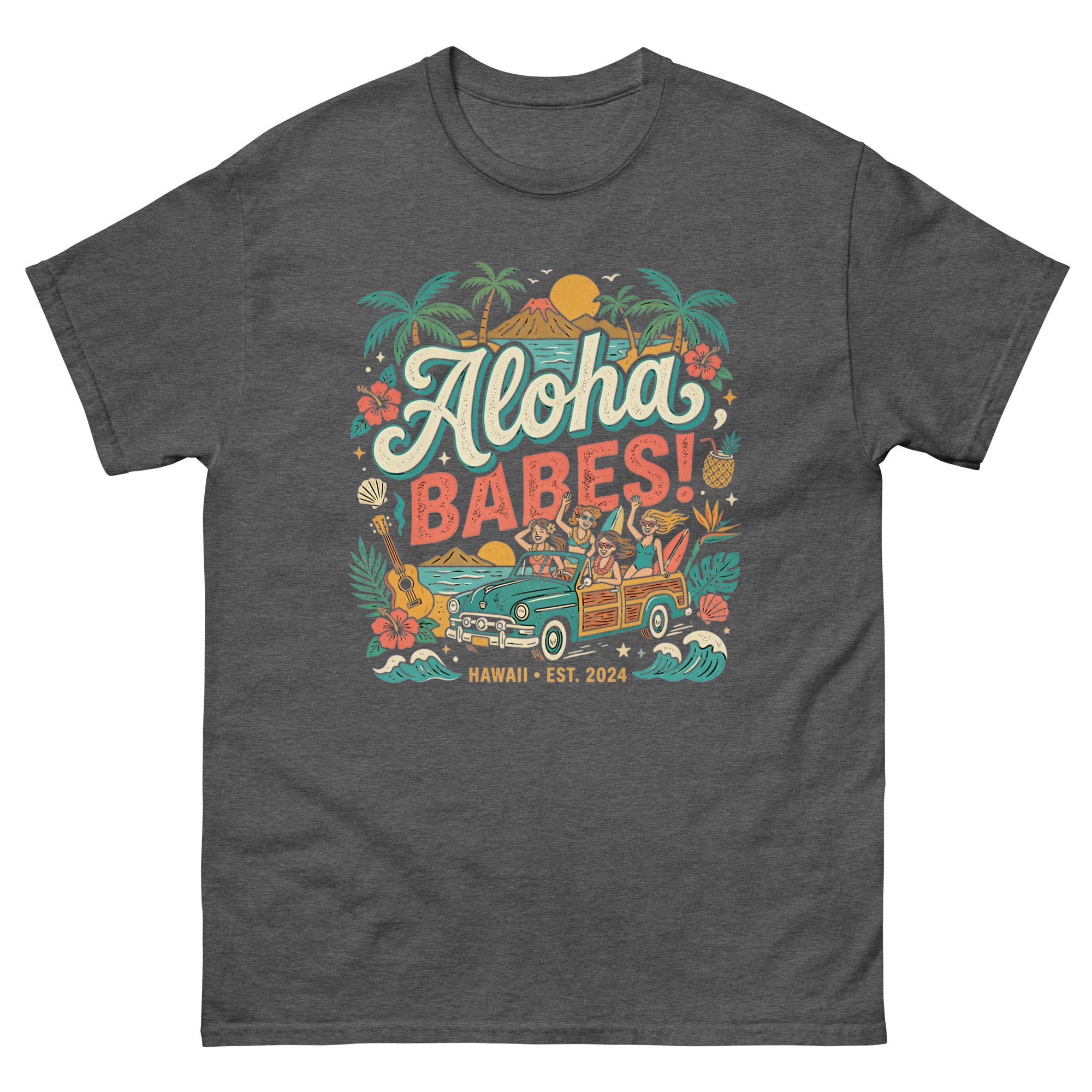 Aloha Sisters v4 Hawaiian t-shirt design on a Dark Heather unisex tee