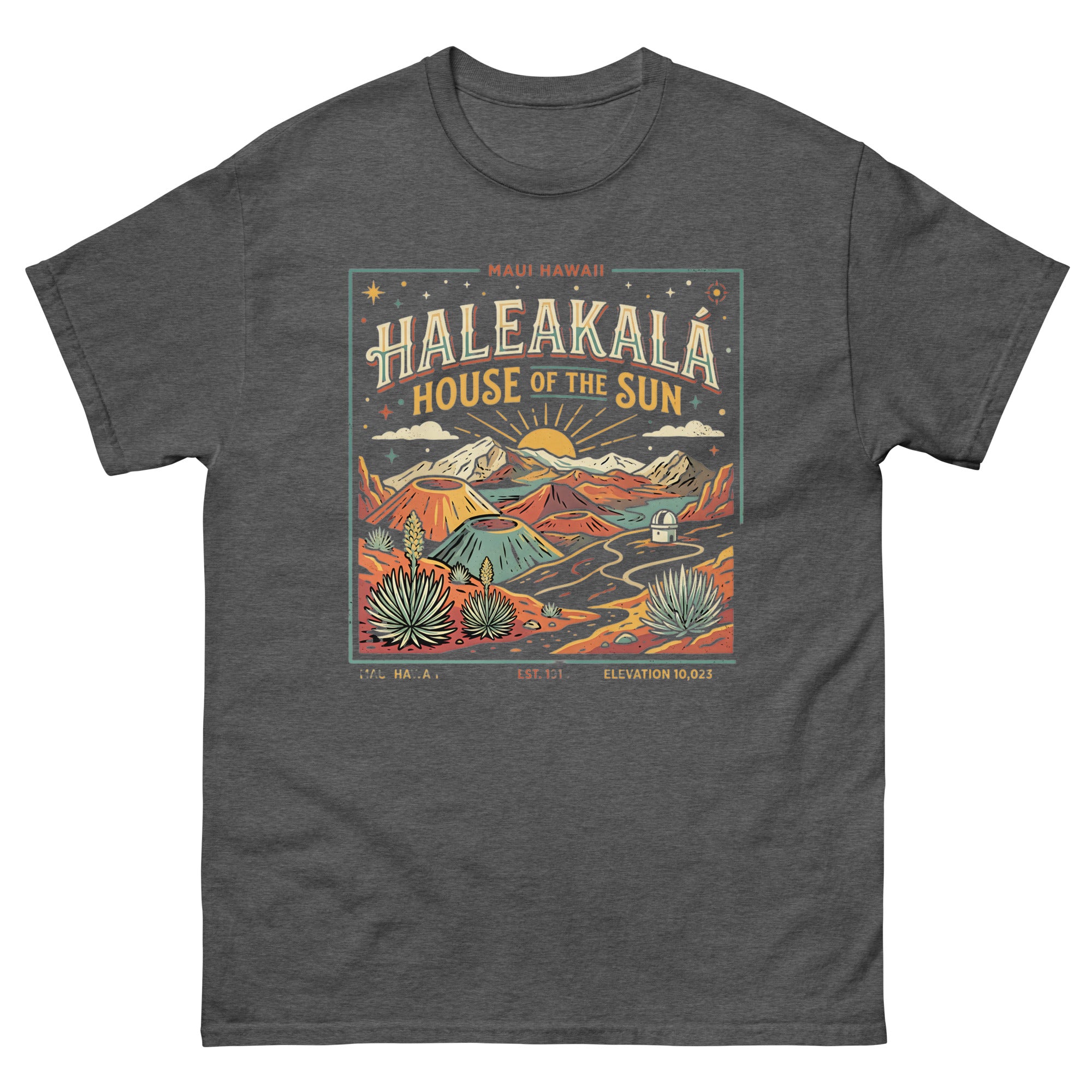 Haleakala House of the Sun Hawaiian t-shirt design on a Dark Heather unisex tee