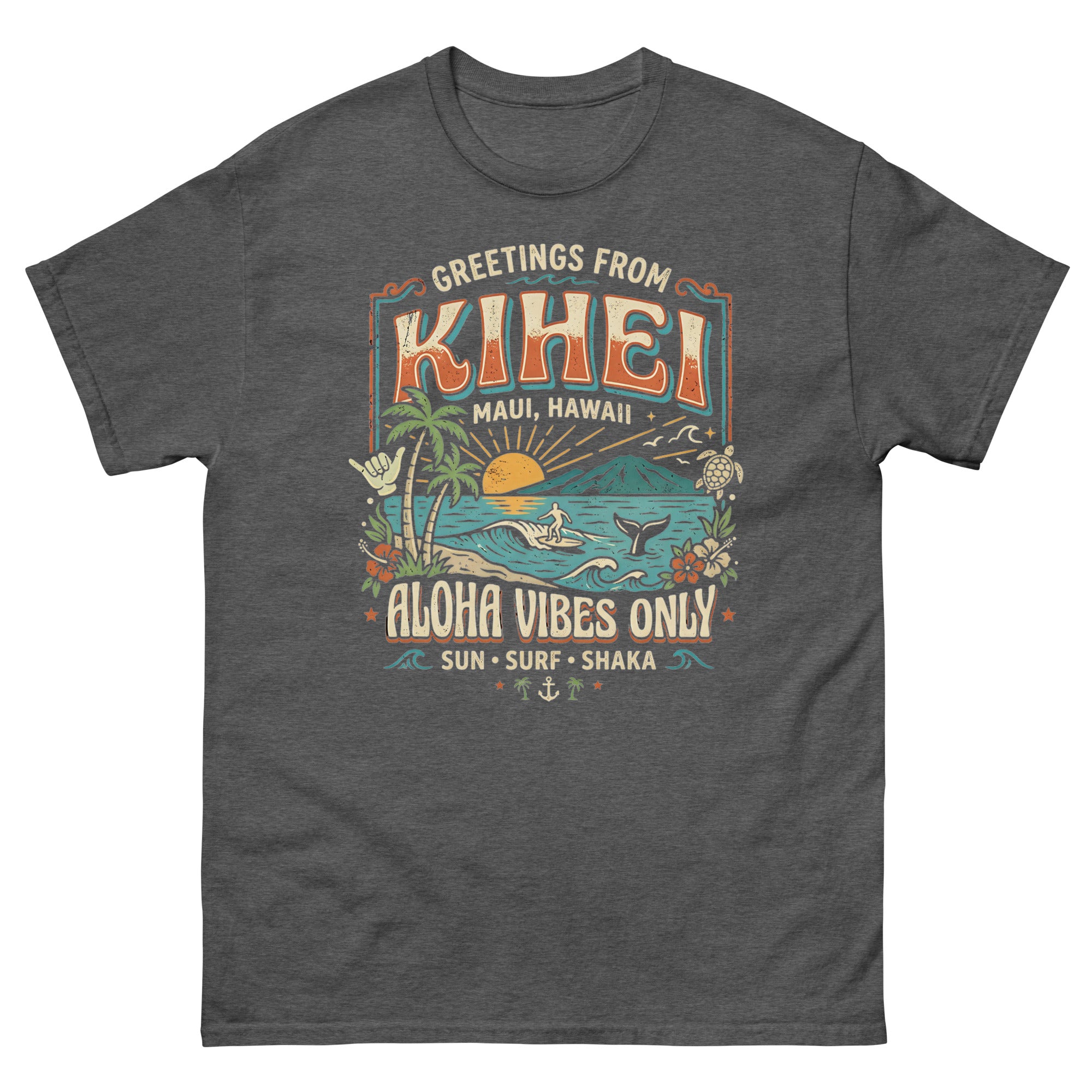 Greetings from Kihei Hawaiian t-shirt design on a Dark Heather unisex tee