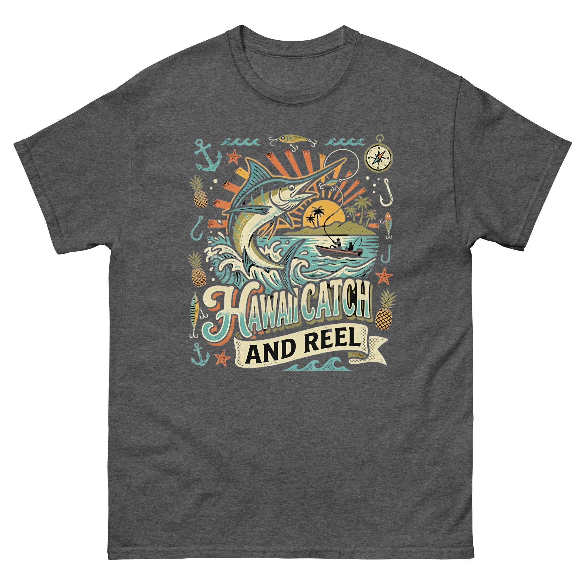 Hawaii Catch and Reel Hawaiian t-shirt design on a Dark Heather unisex tee