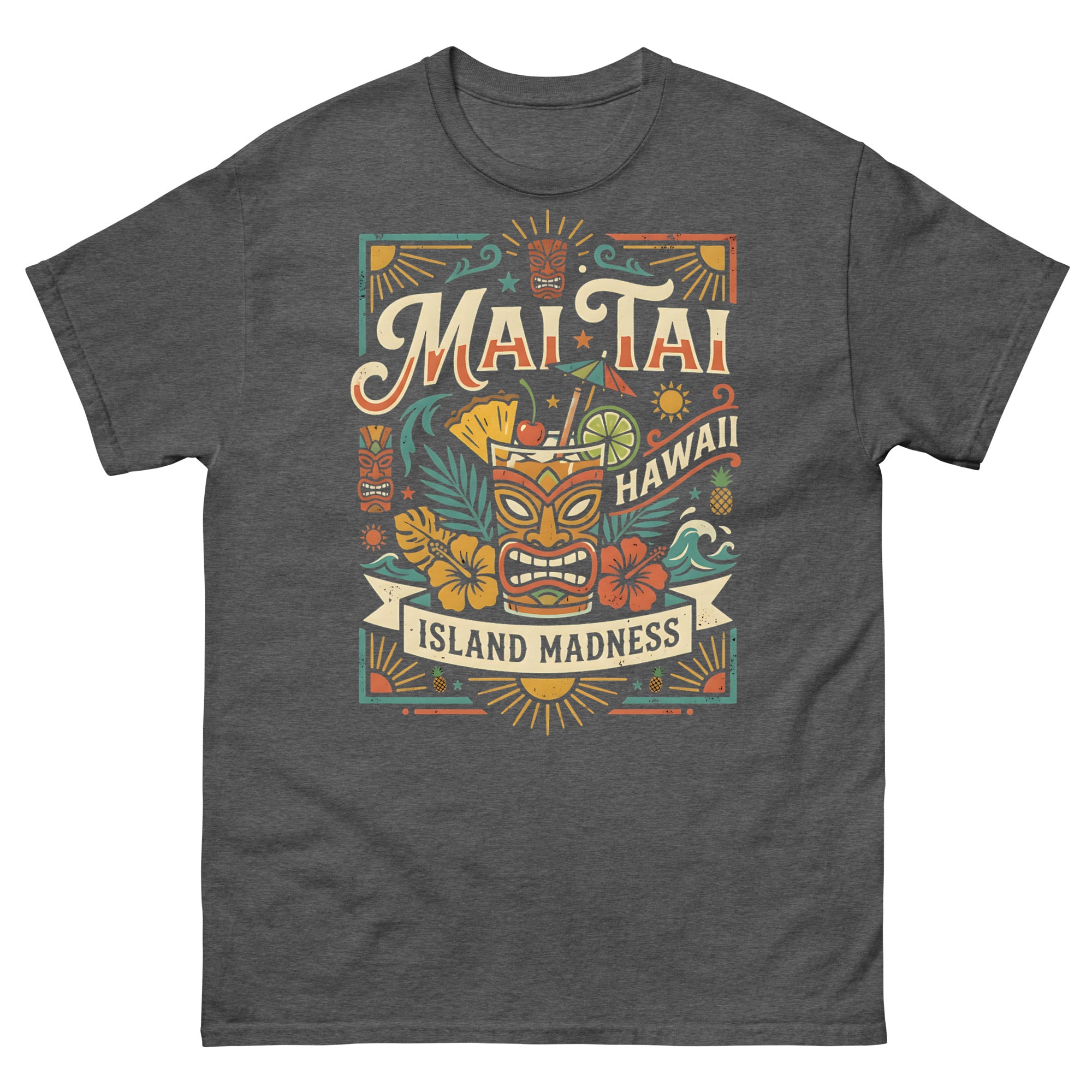 Island Mai Tai Time Hawaiian t-shirt design on a Dark Heather unisex tee