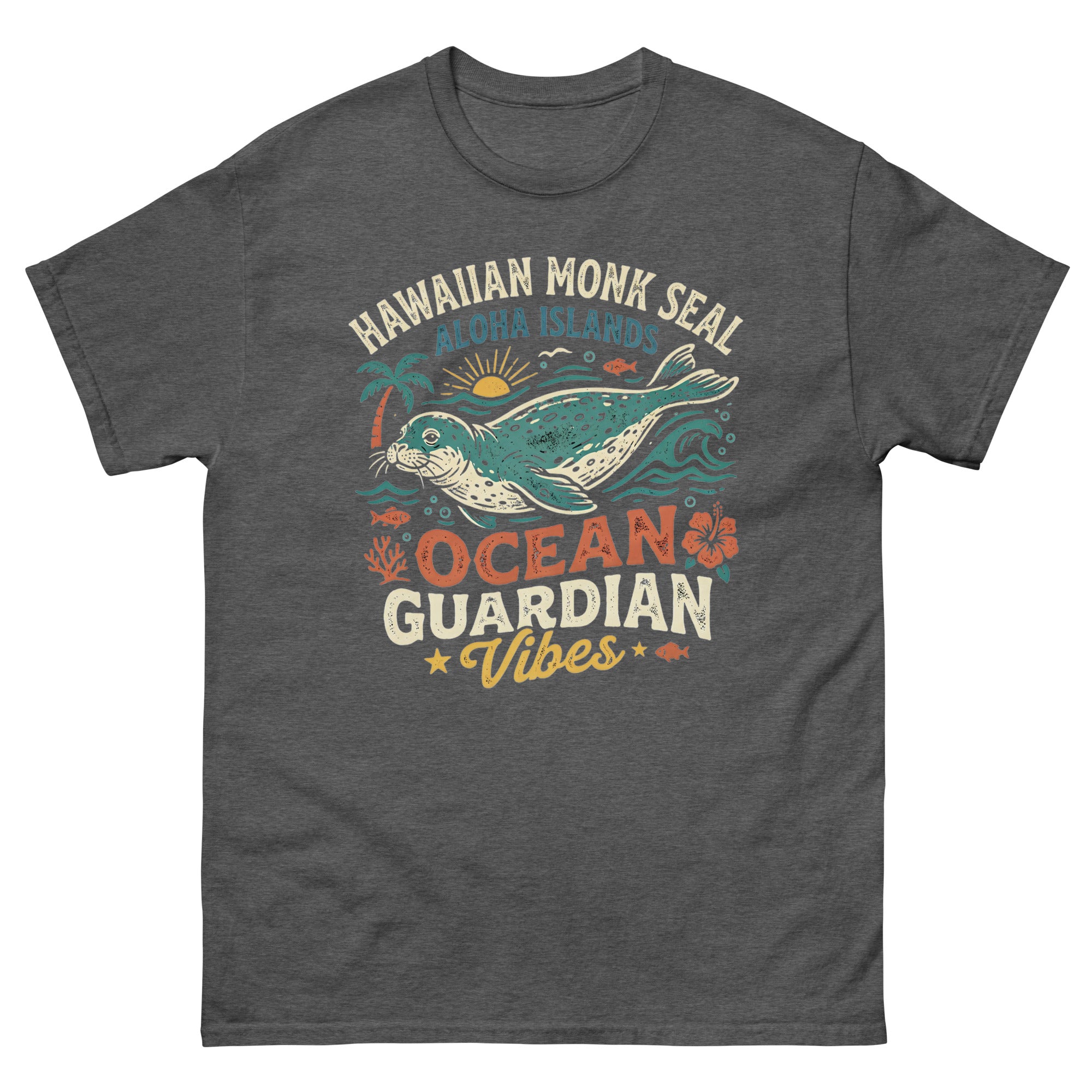 Hawaiian Monk Seal Ocean Guardian Hawaiian t-shirt design on a Dark Heather unisex tee