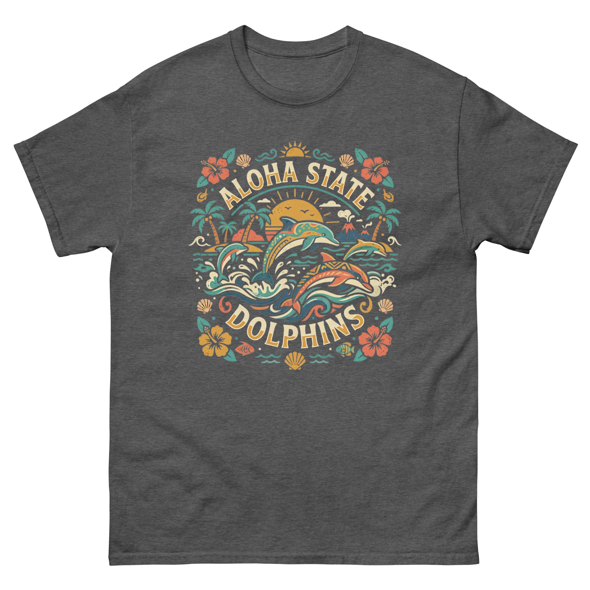 Aloha State Dolphins Hawaiian t-shirt design on a Dark Heather unisex tee