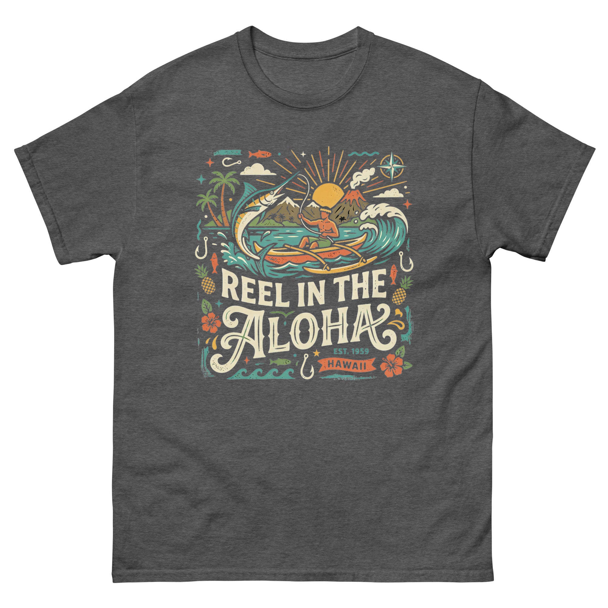 Reel in the Aloha Hawaiian t-shirt design on a Dark Heather unisex tee