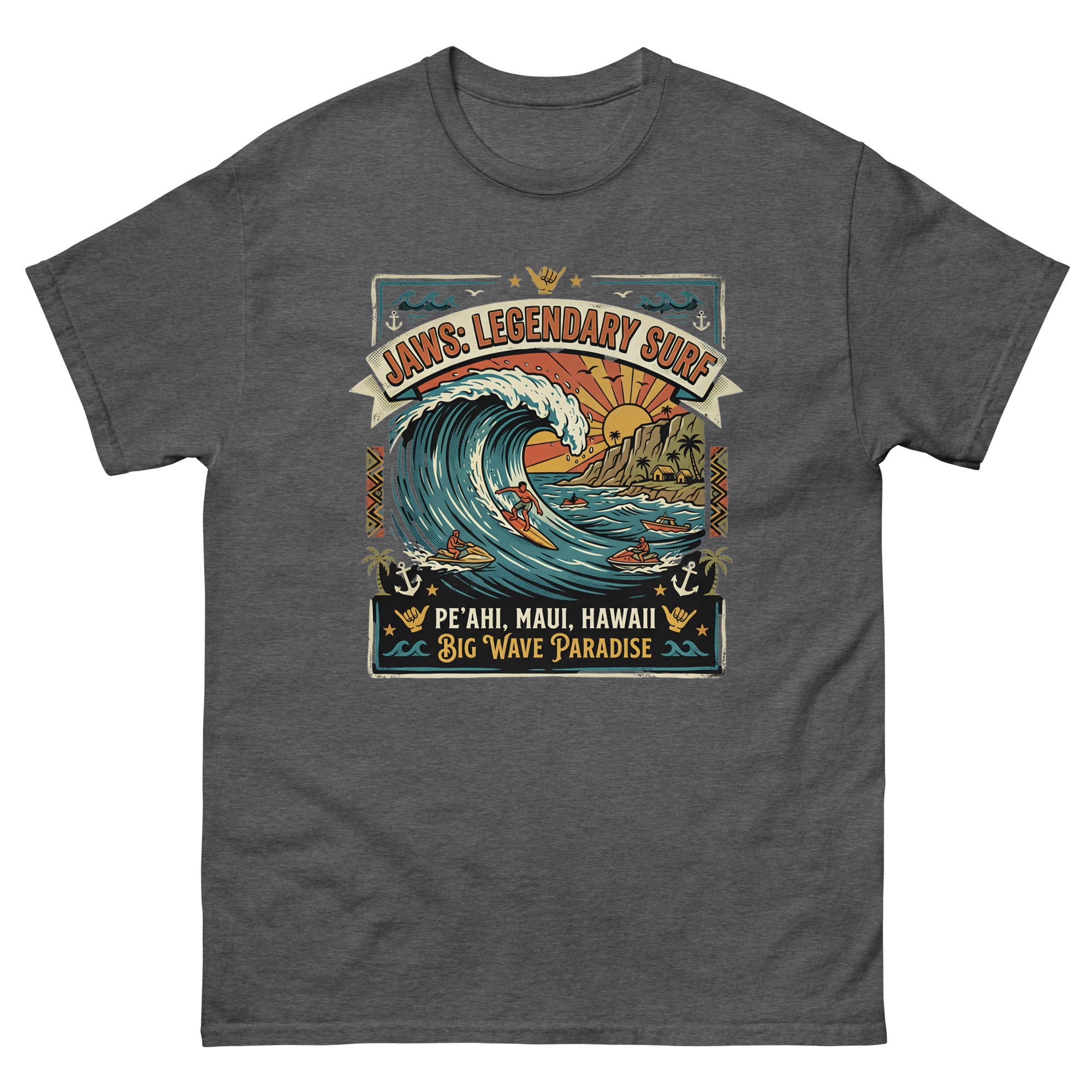 Jaws Legendary Surf Peahi Hawaiian t-shirt design on a Dark Heather unisex tee