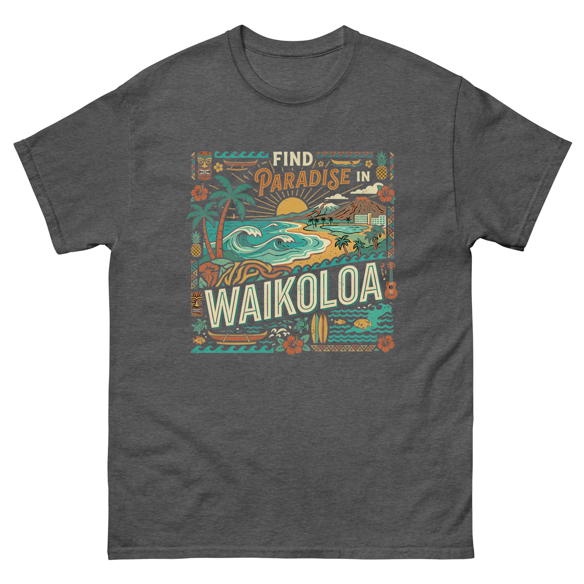 Find Paradise in Waikoloa Hawaiian t-shirt design on a Dark Heather unisex tee