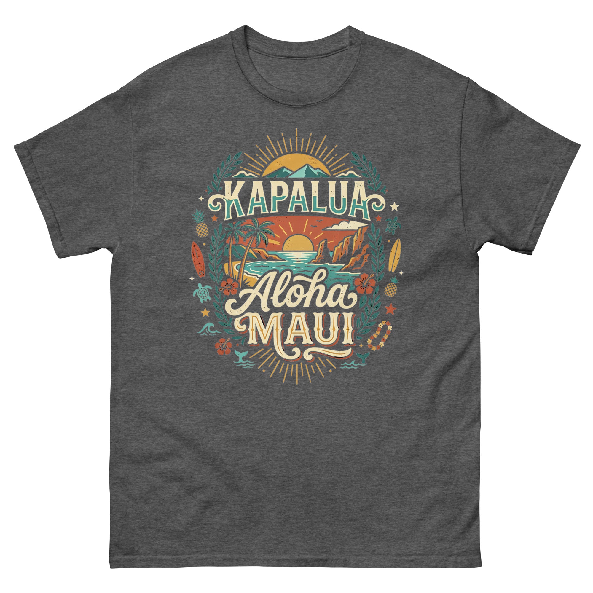 Kapalua Aloha Maui Hawaiian t-shirt design on a Dark Heather unisex tee