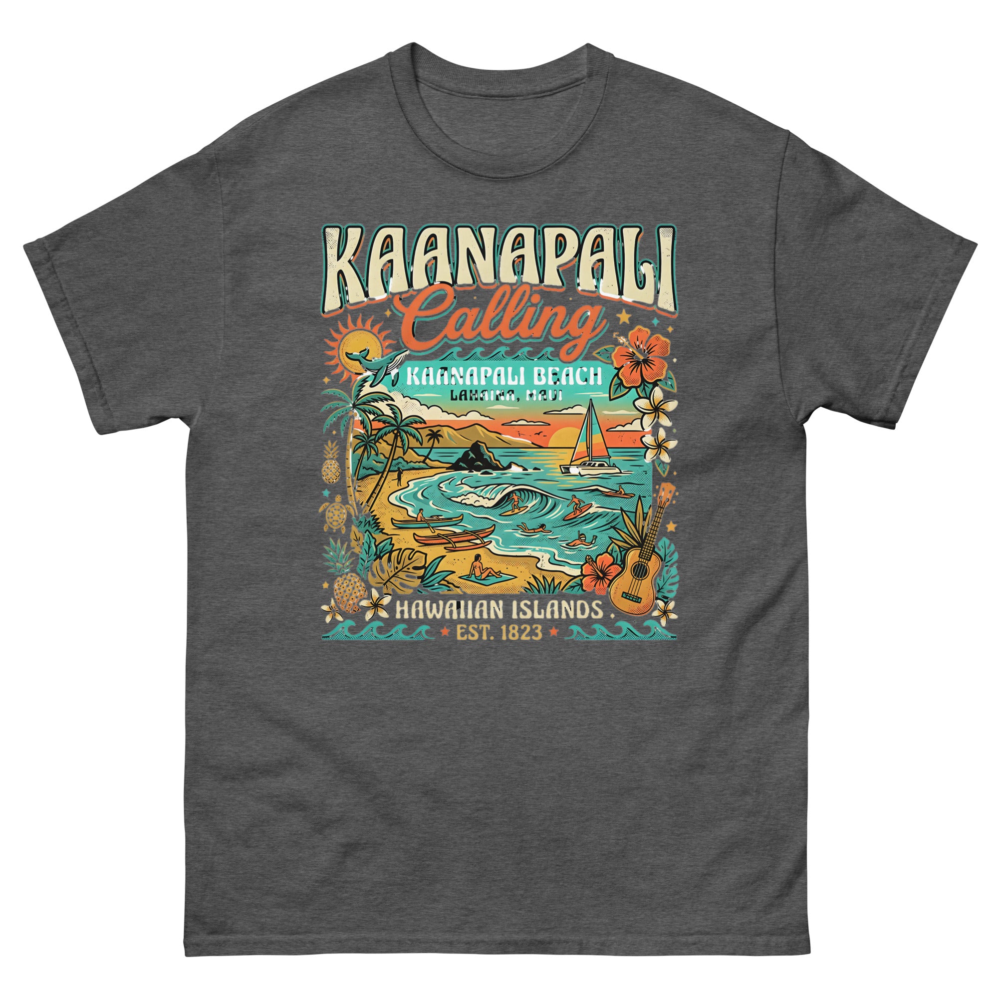 Kaanapali Calling Beach v1 Hawaiian t-shirt design on a Dark Heather unisex tee