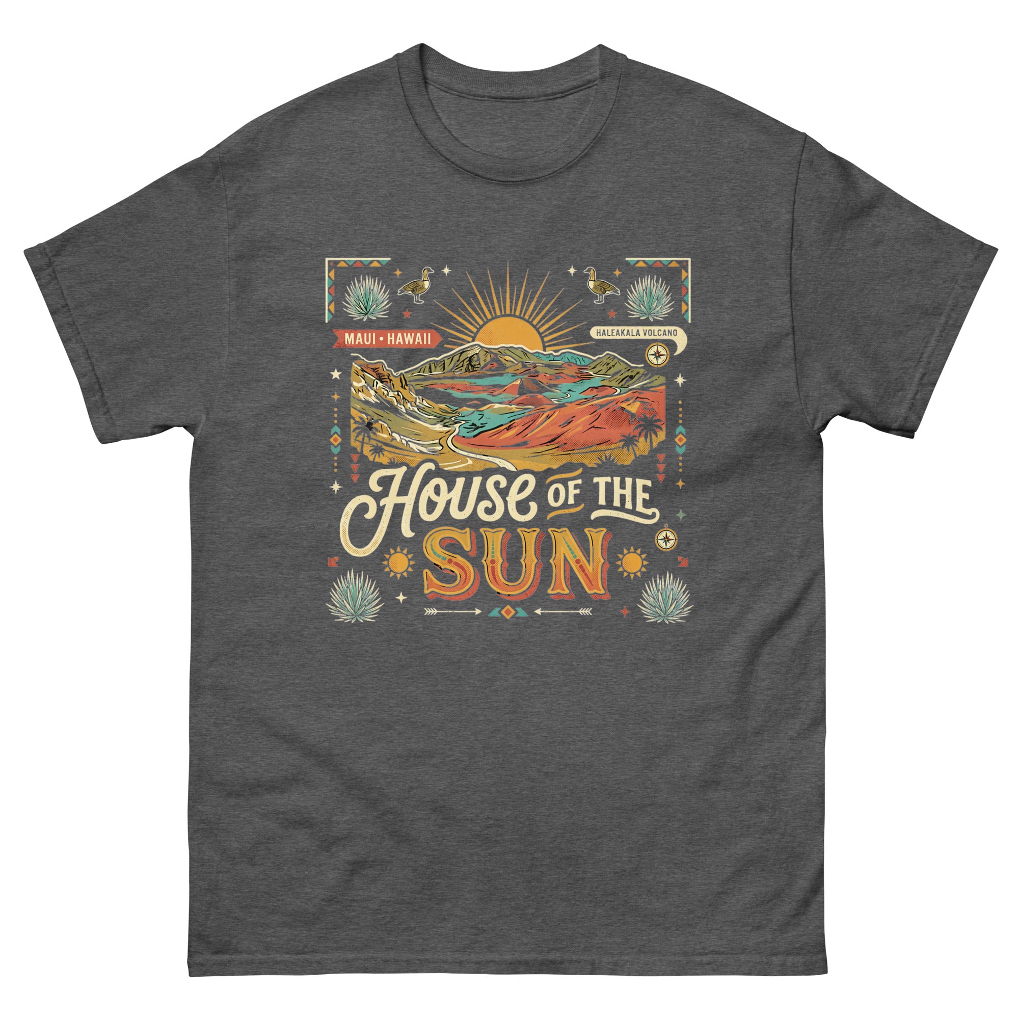 House of the Sun Haleakala Volcano Hawaiian t-shirt design on a Dark Heather unisex tee