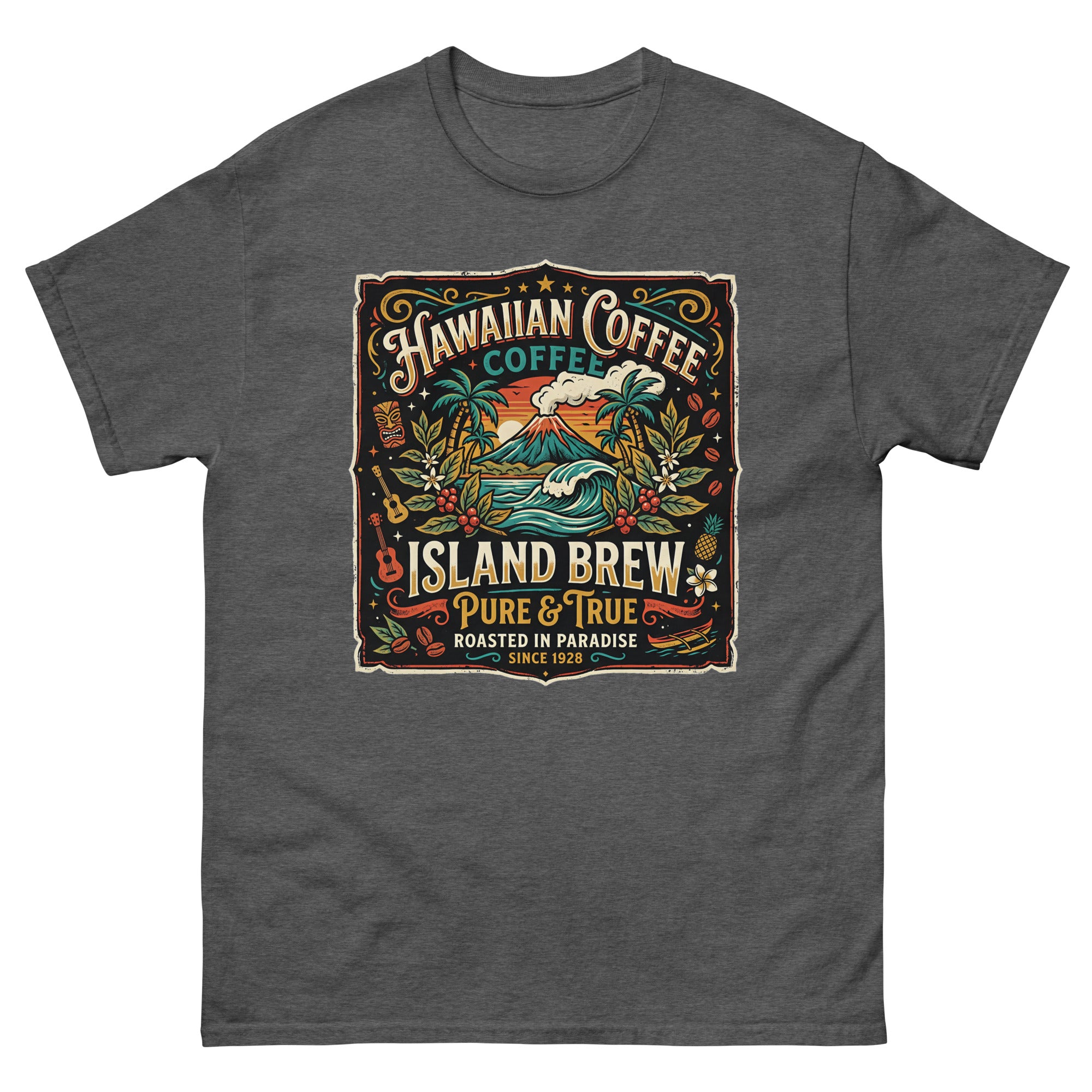 Hawaiian Coffee Island Brew Hawaiian t-shirt design on a Dark Heather unisex tee