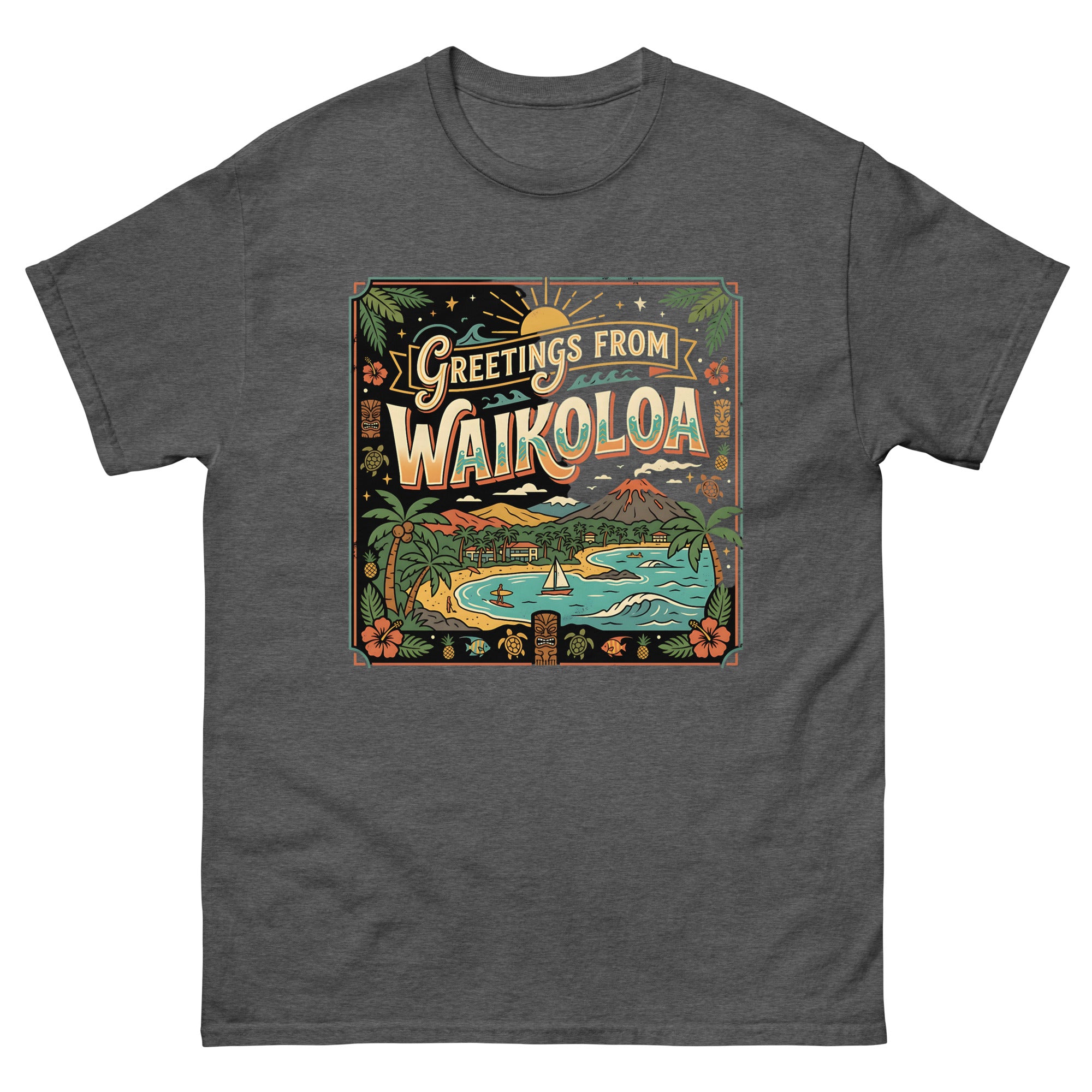 Greetings from Waikoloa Hawaiian t-shirt design on a Dark Heather unisex tee