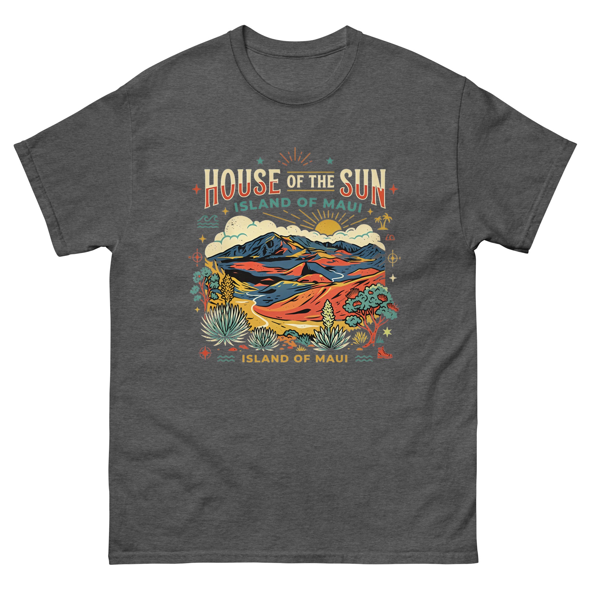 House of the Sun Island of Maui Hawaiian t-shirt design on a Dark Heather unisex tee
