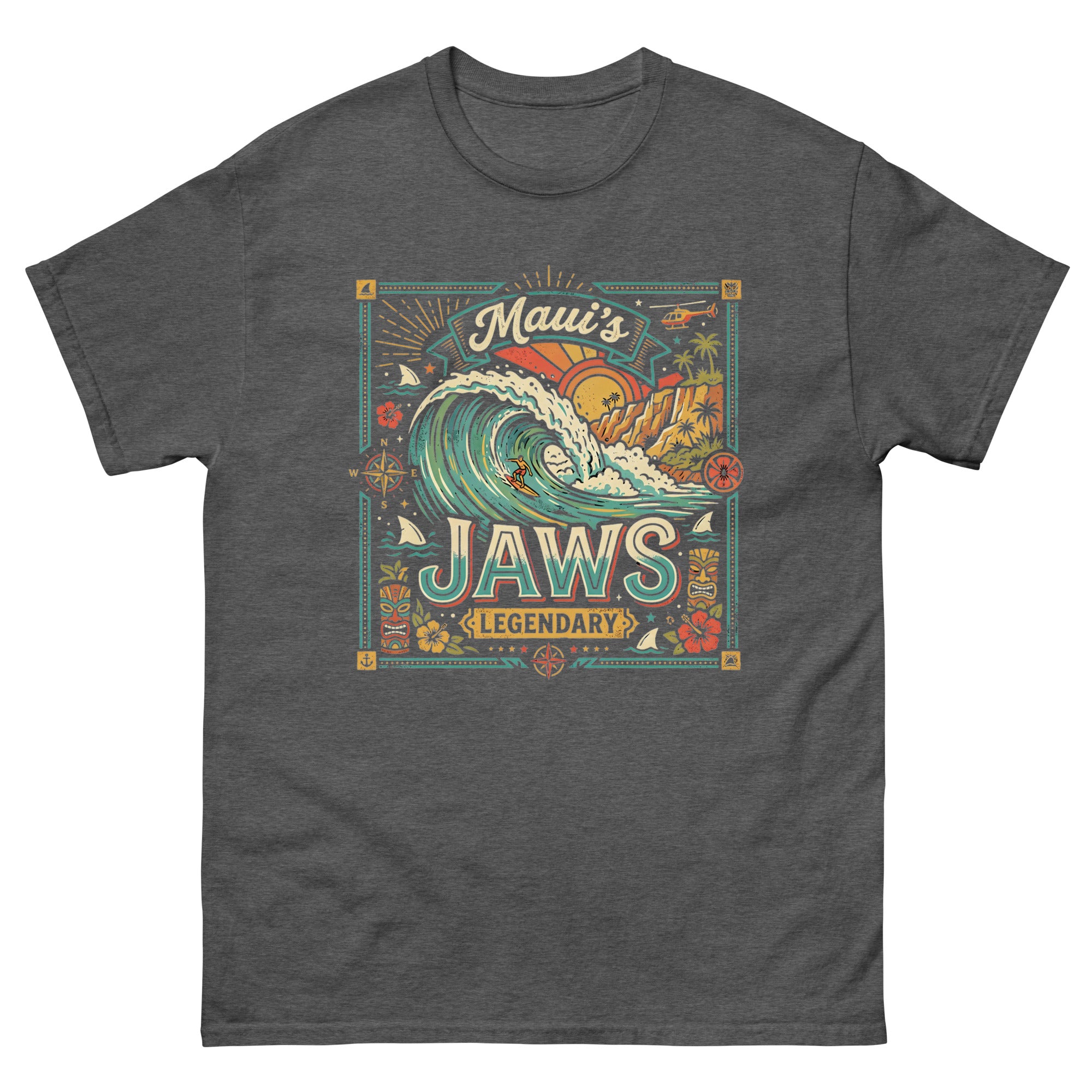 Mauis Jaws Legendary Hawaiian t-shirt design on a Dark Heather unisex tee