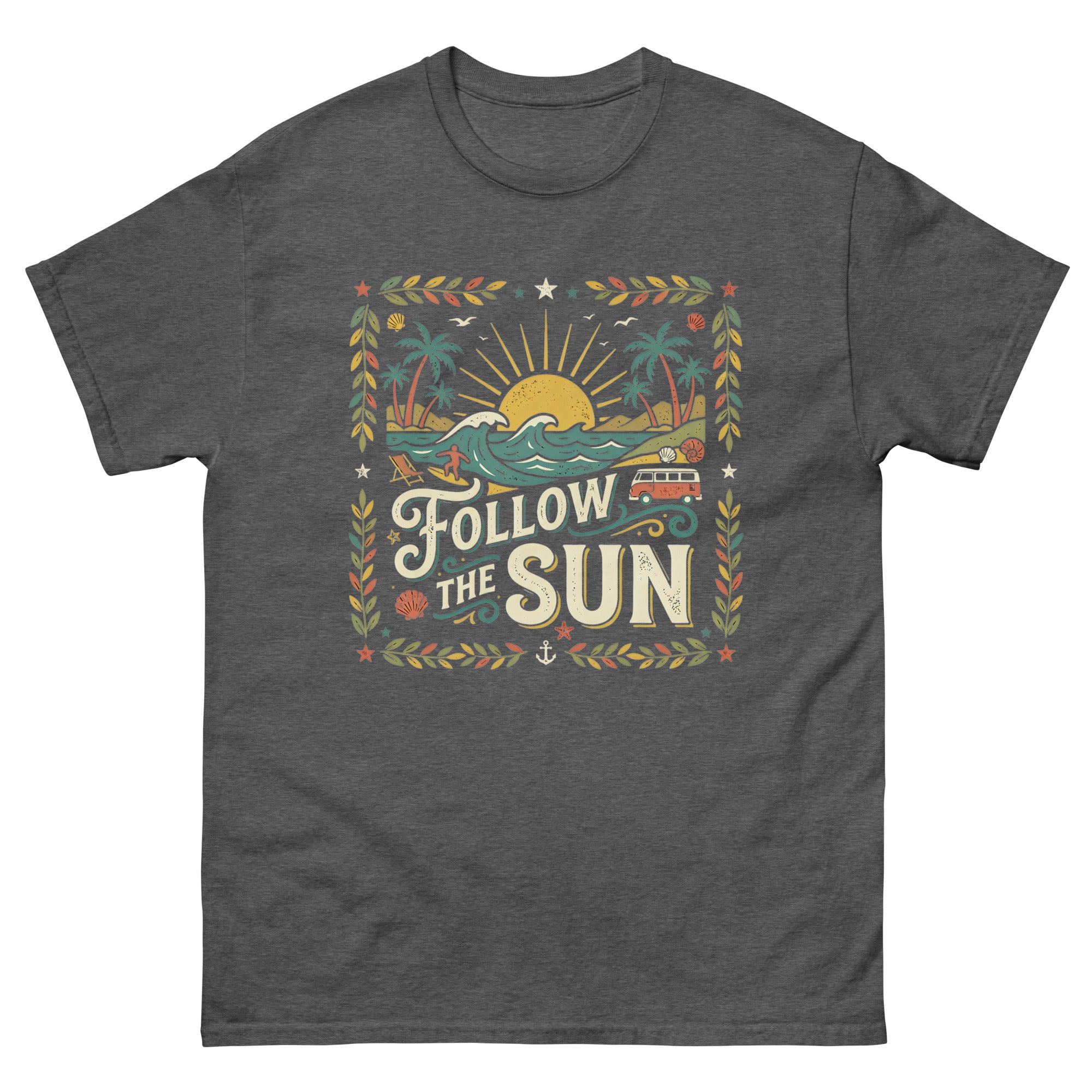 Chasing the Sun v2 Hawaiian t-shirt design on a Dark Heather unisex tee