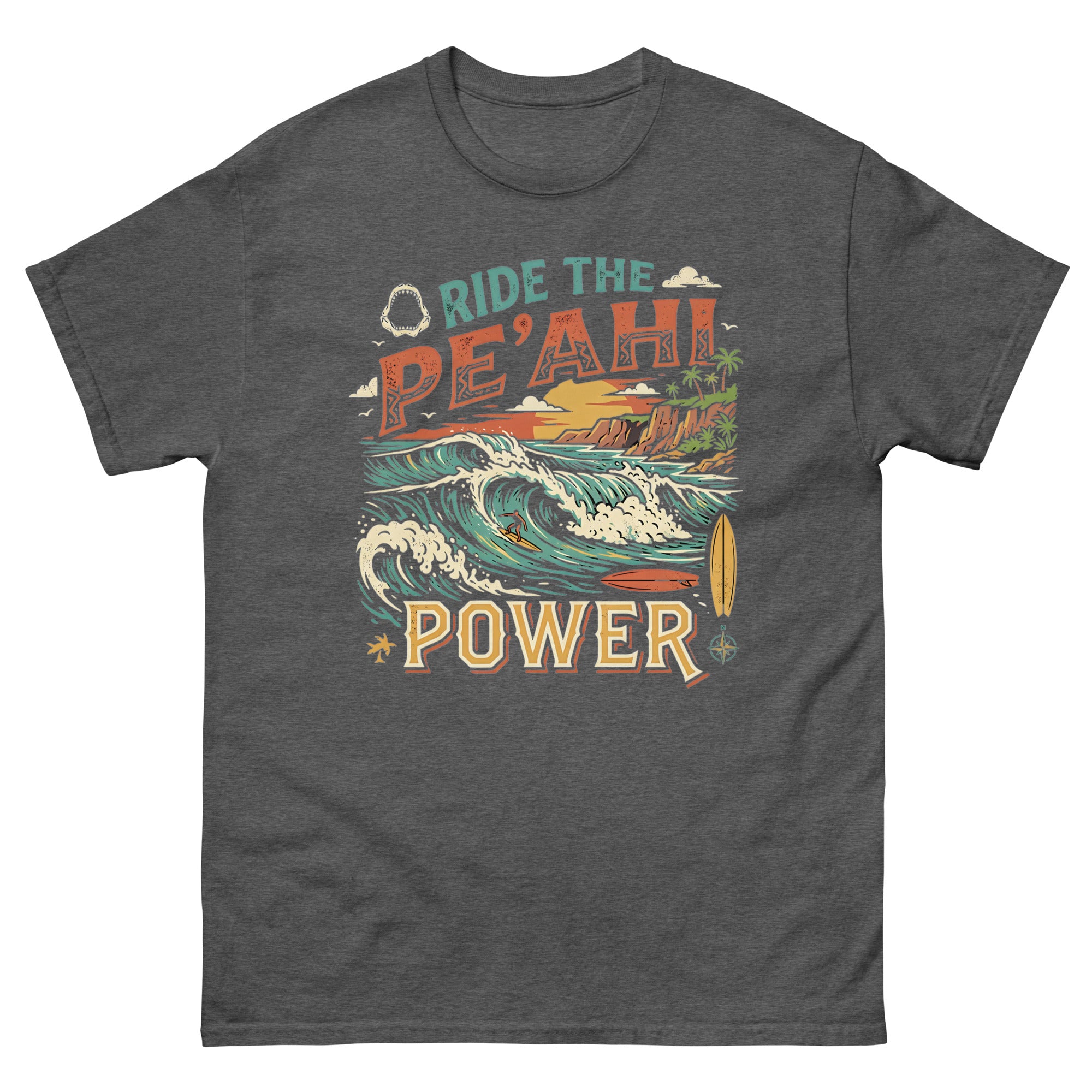 Ride the Peahi Power Hawaiian t-shirt design on a Dark Heather unisex tee