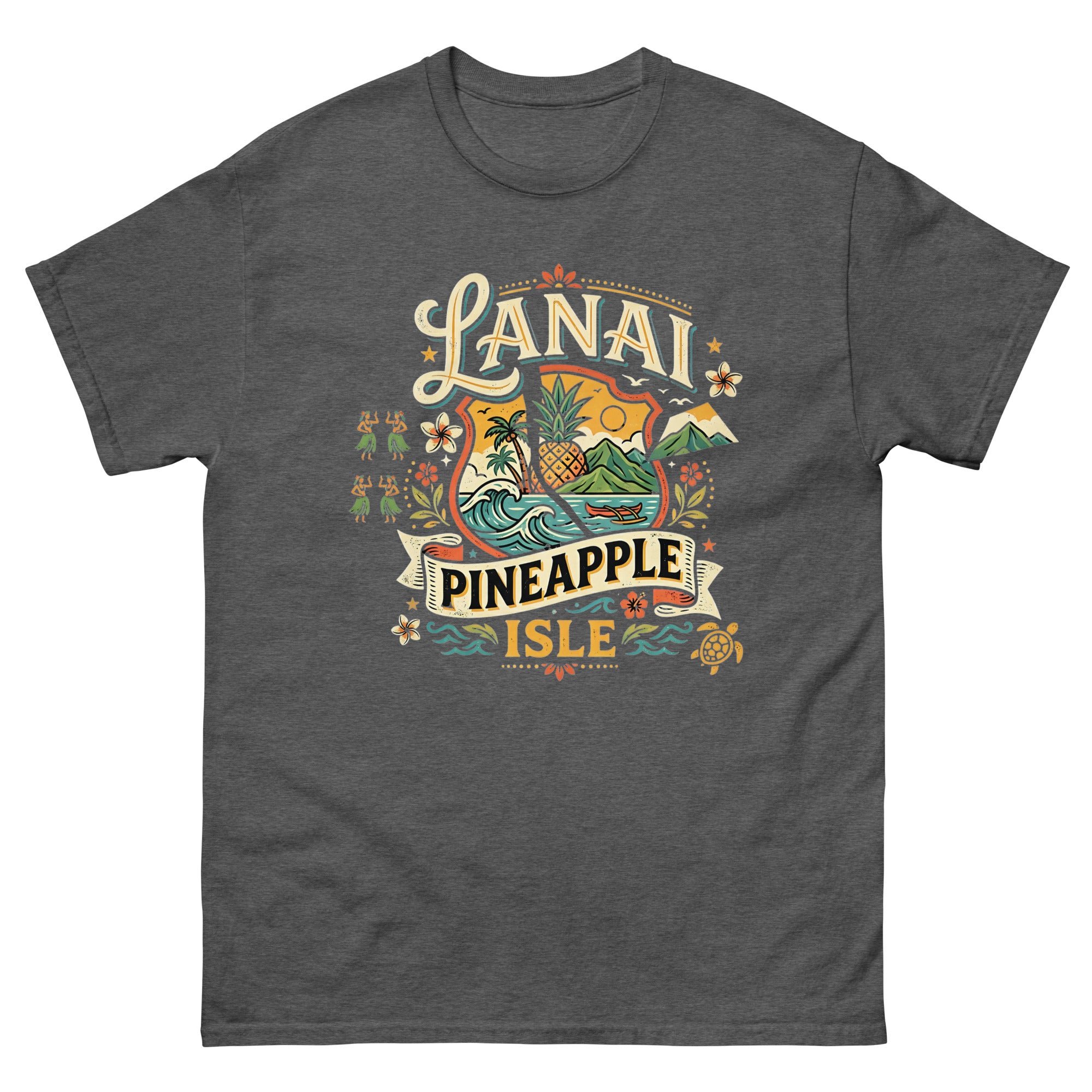 Lanai Pineapple Isle Hawaiian t-shirt design on a Dark Heather unisex tee
