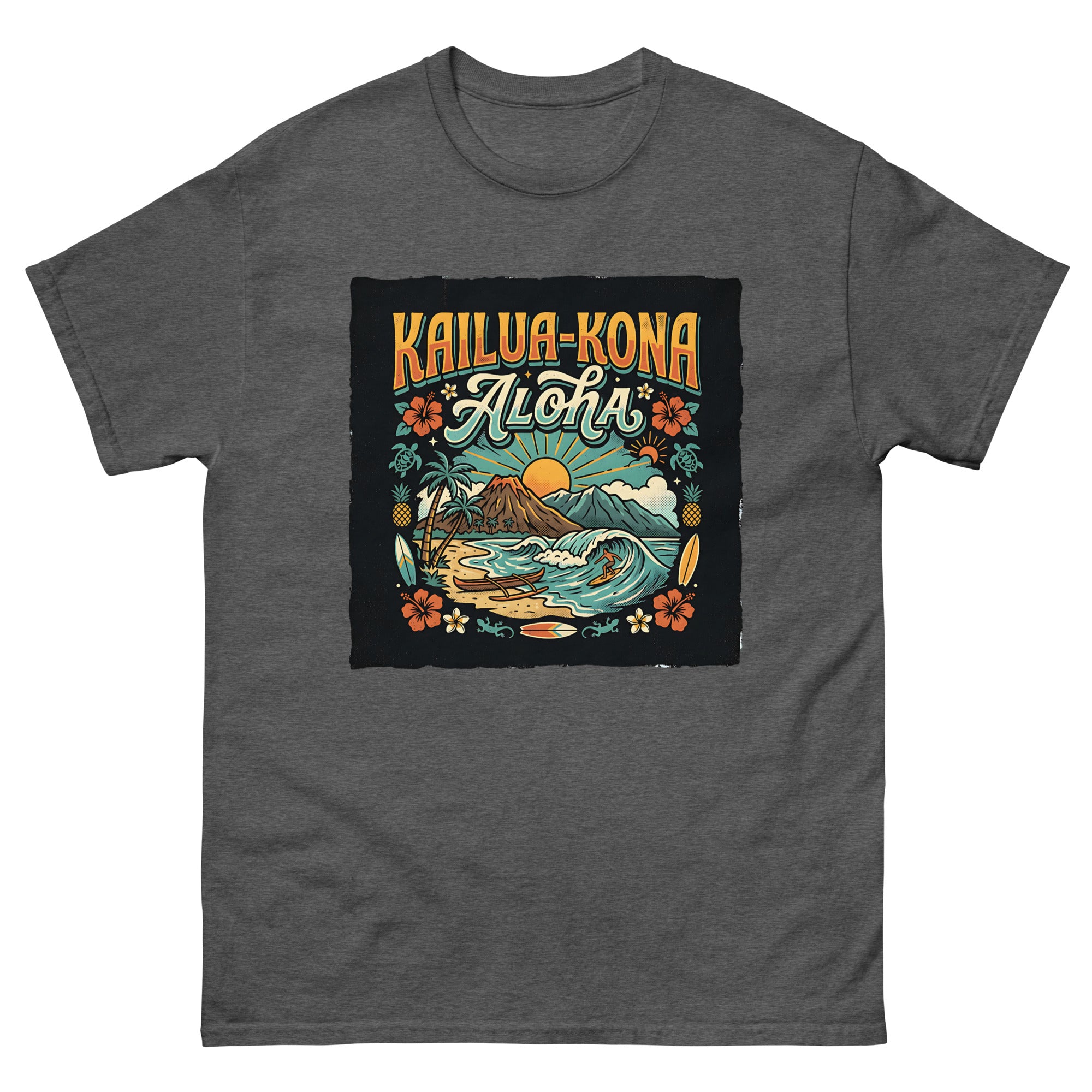 Kailua Kona Aloha Hawaiian t-shirt design on a Dark Heather unisex tee