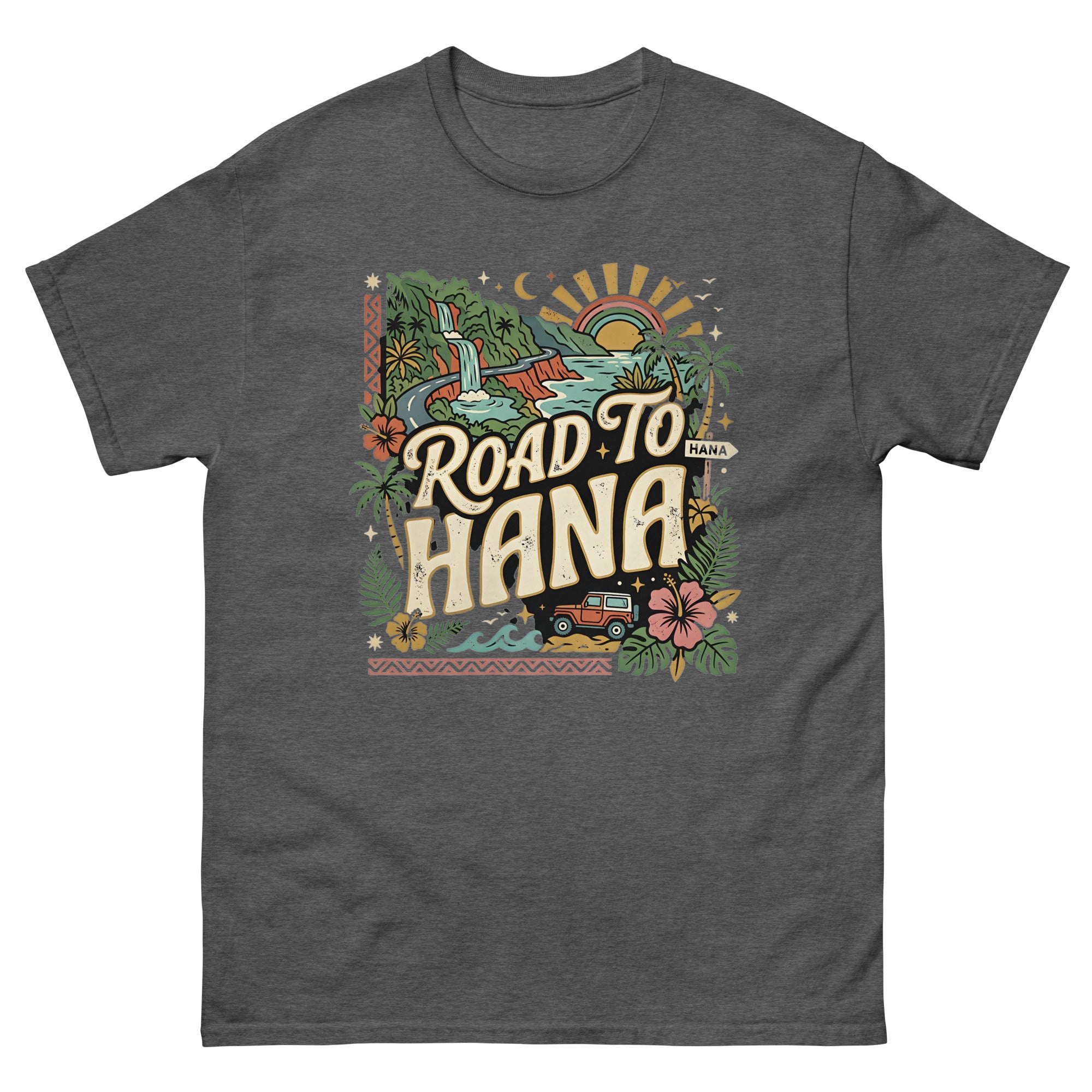 Road to Hana Jeep Hawaiian t-shirt design on a Dark Heather unisex tee