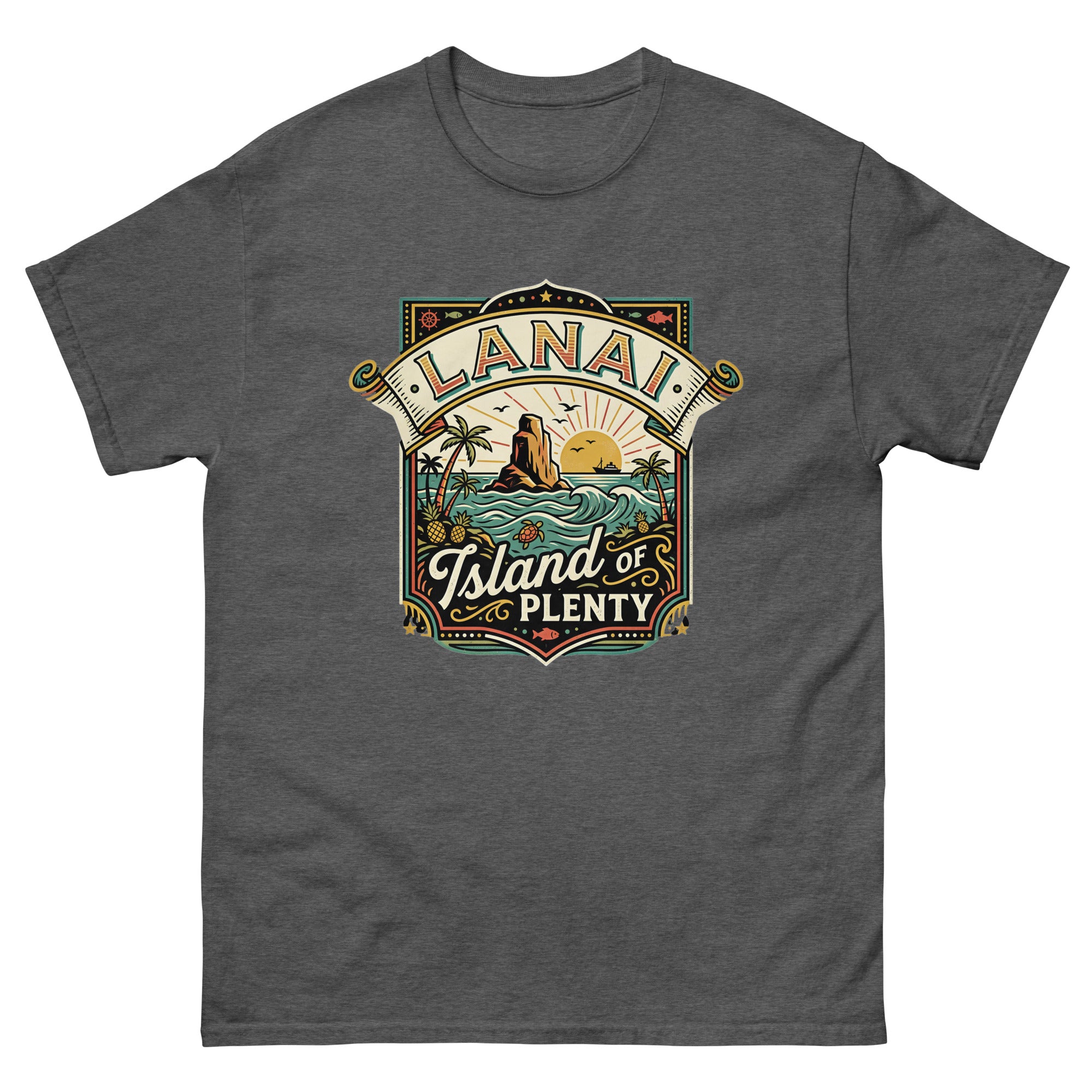Lanai Island of Plenty Hawaiian t-shirt design on a Dark Heather unisex tee