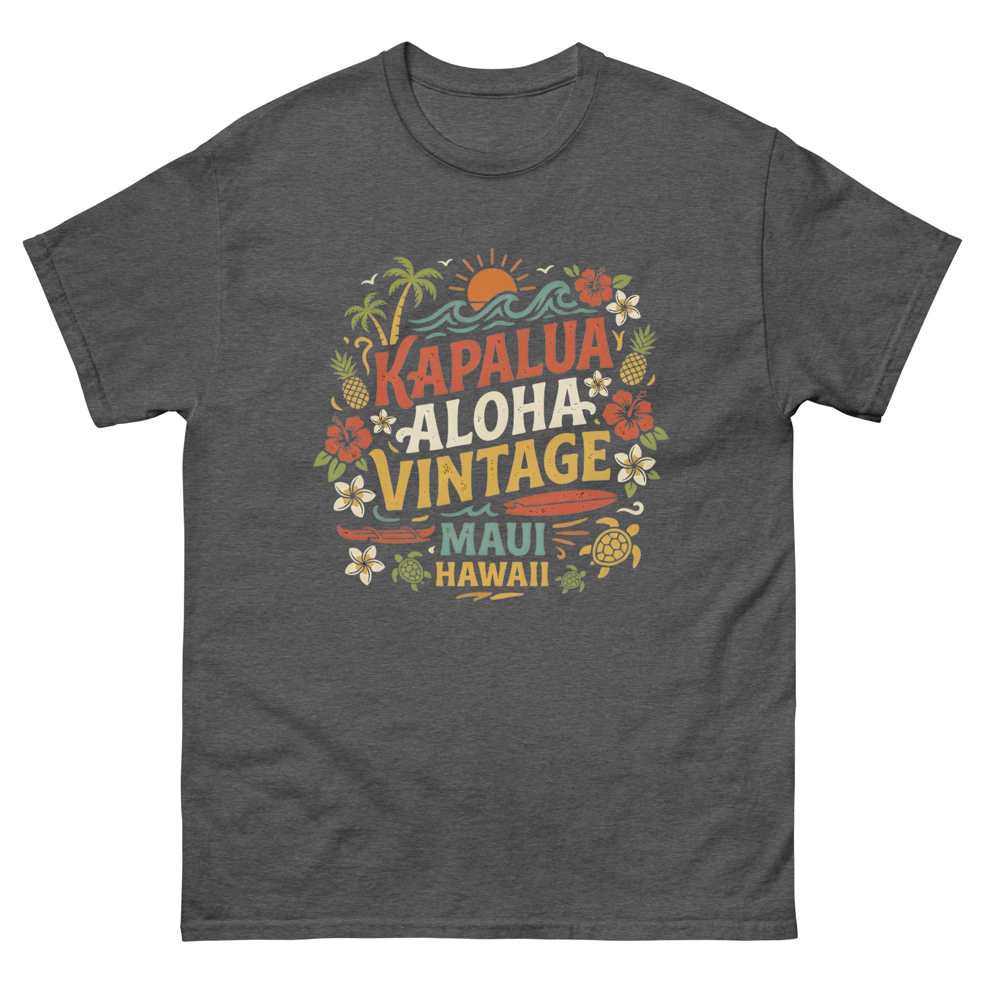 Kapalua Aloha Vintage Maui Hawaiian t-shirt design on a Dark Heather unisex tee
